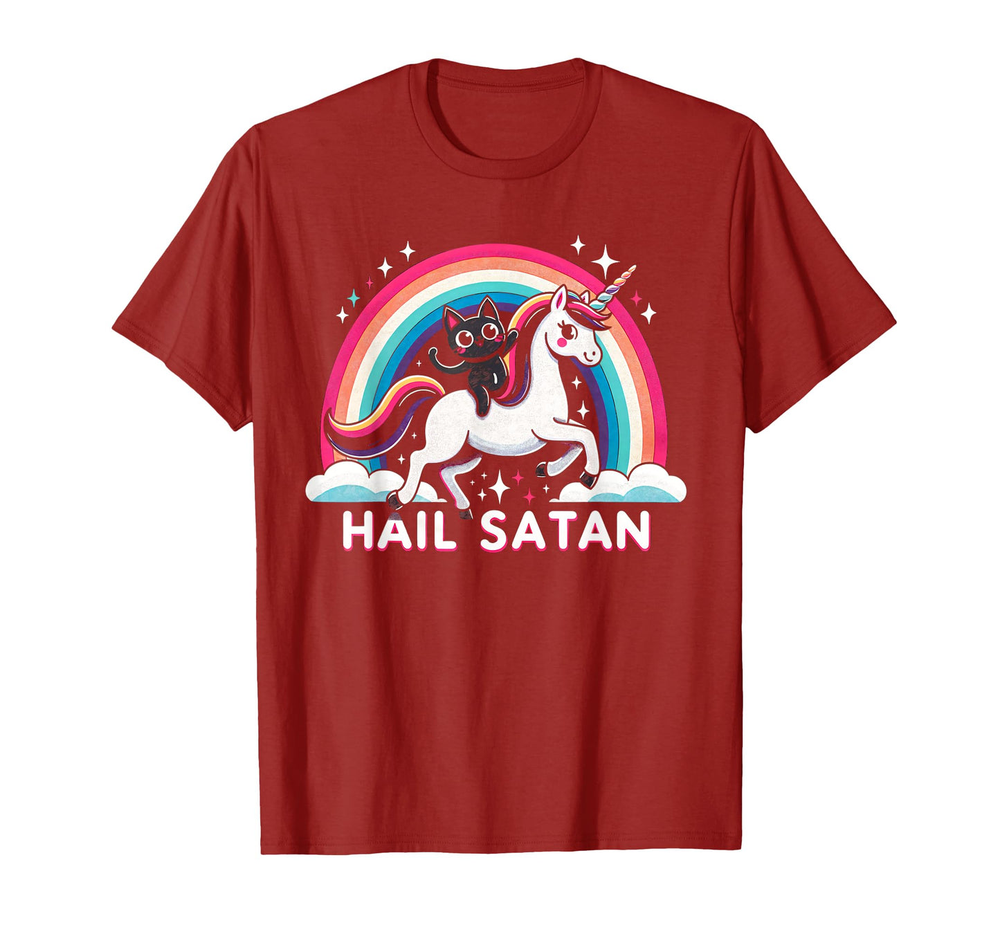 Cute Satanic Cat Riding A Unicorn Over A Rainbow Hail Satan Men Women Kids T-Shirt