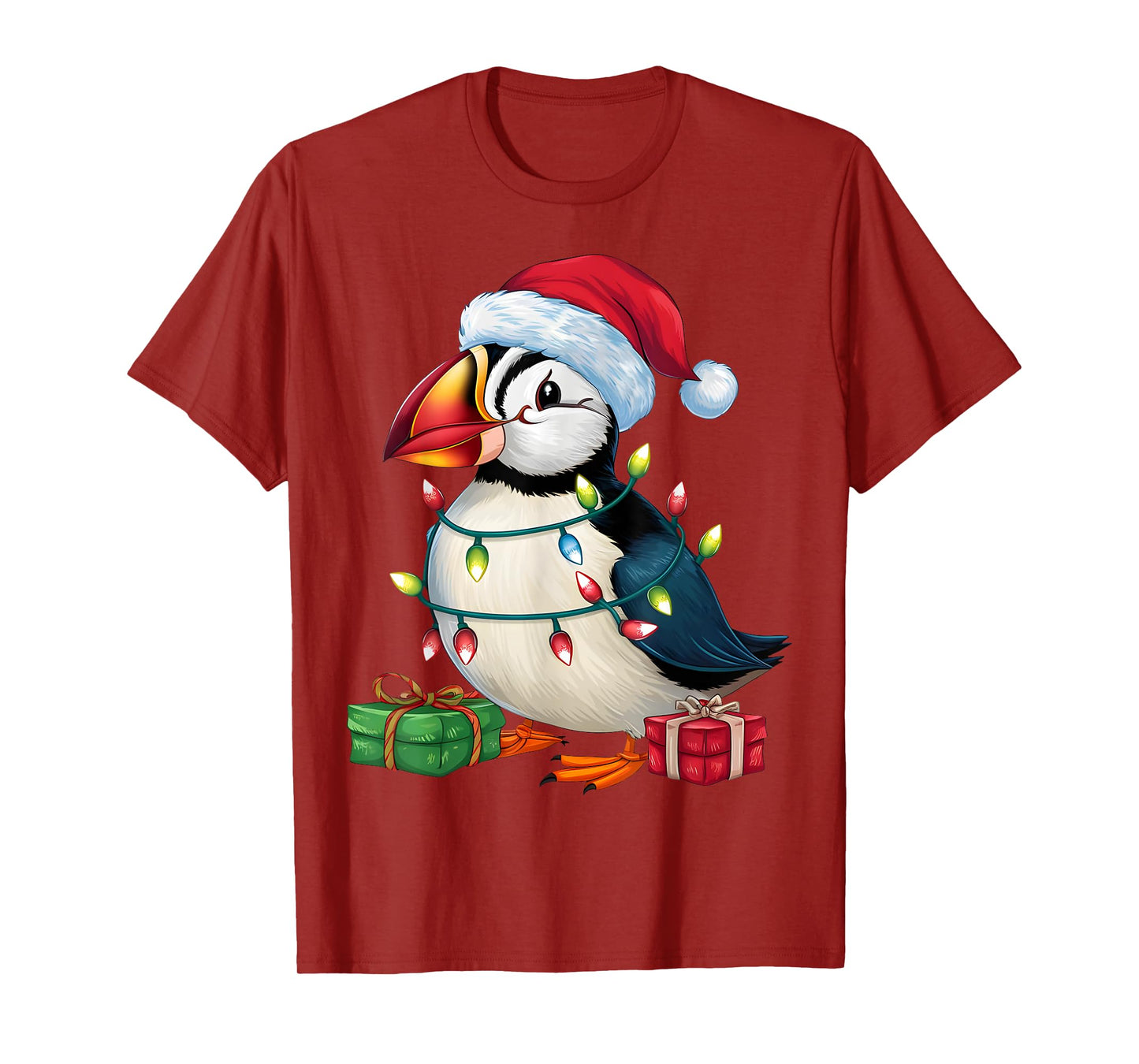 Puffin Bird Lover Xmas Lighting Santa Hat Puffin Christmas T-Shirt