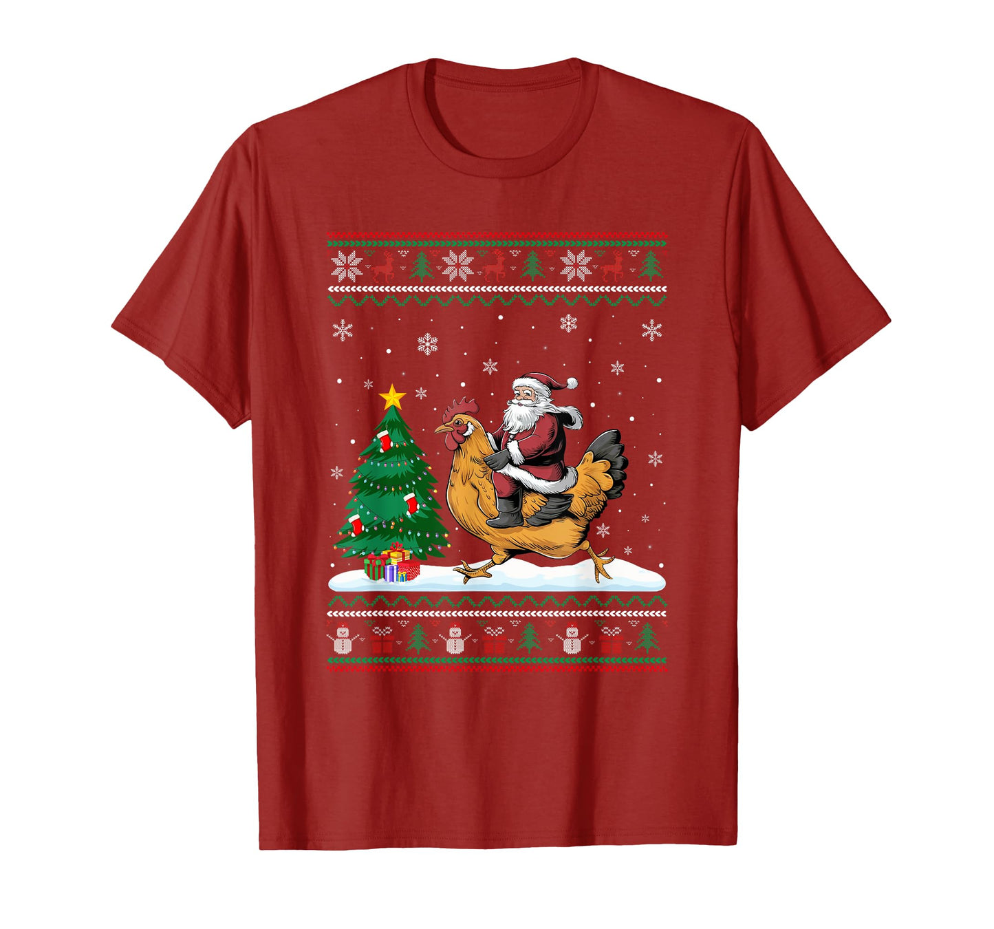 Ugly Christmas Tree Lights Xmas Santa Riding Chicken T-Shirt