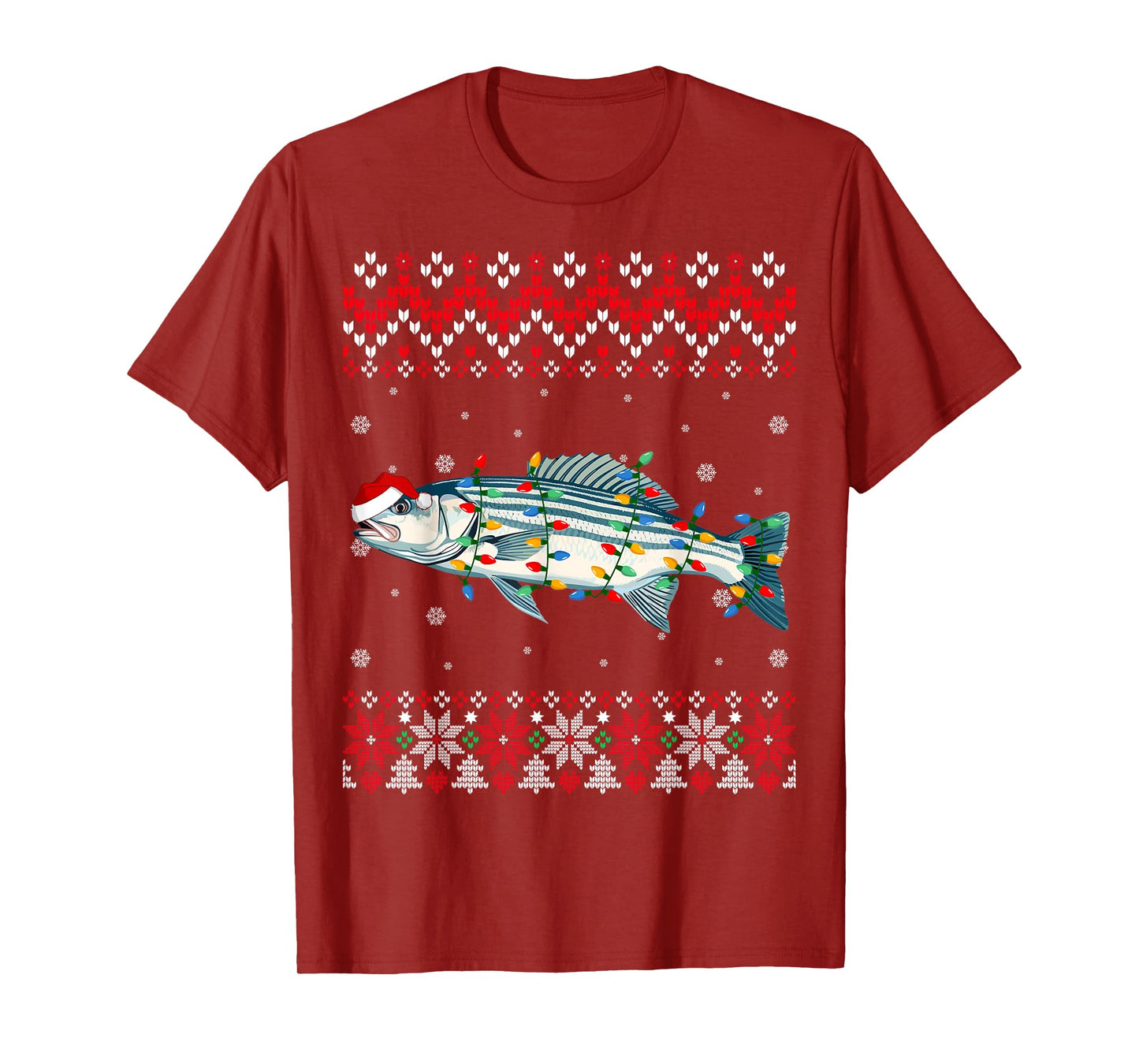 Striped Bass Fish Santa Hat Women Kids Ugly Christmas Light T-Shirt