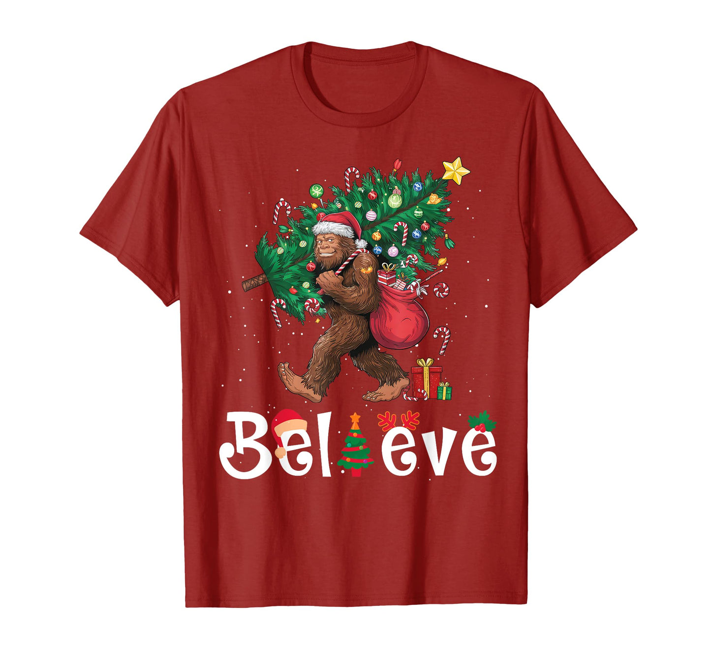 Santa Bigfoot Christmas Tree Lights Sasquatch Believe Xmas T-Shirt