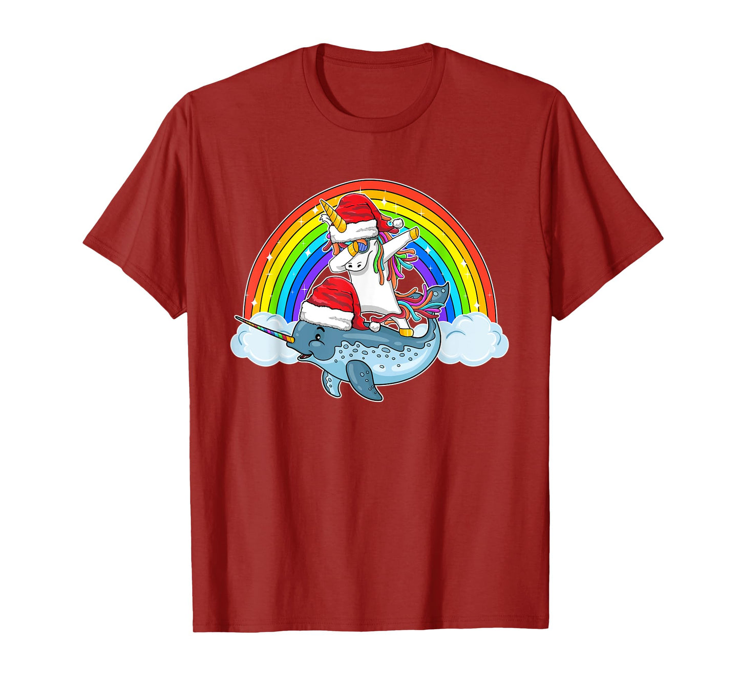 Dabbing Unicorn Riding Narwhal With Santa Hat Christmas T-Shirt