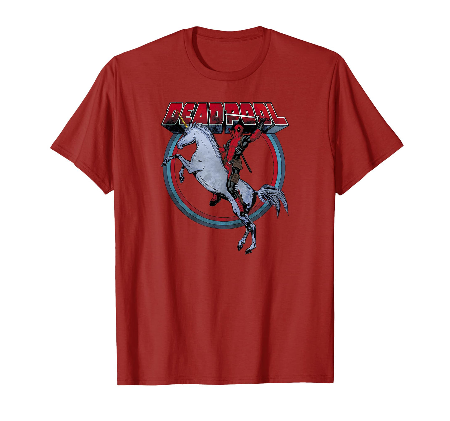 Marvel Deadpool Riding A Unicorn Circle Graphic T-Shirt C1 T-Shirt