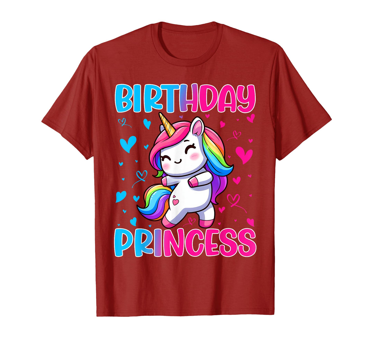 Happy Birthday Princess Unicorn Cute Rainbow Hearts Girls T-Shirt