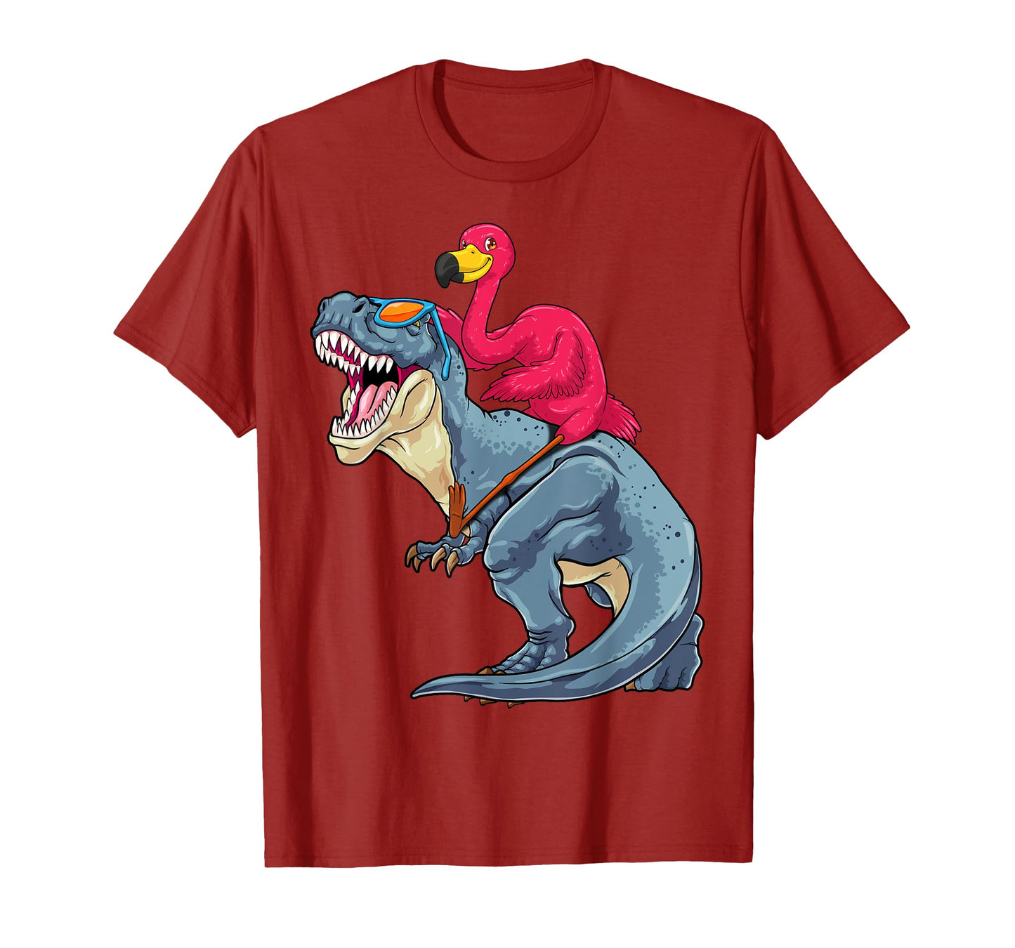 Flamingo Riding Dinosaur T-Rex Funny Flock Bird Dino Pun T-Shirt