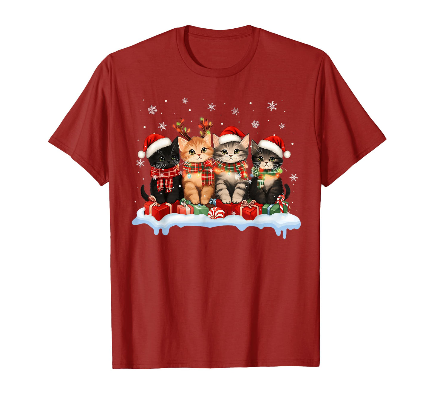 Cat Christmas Light Reindeer Santa Christmas Cat Lover Xmas T-Shirt