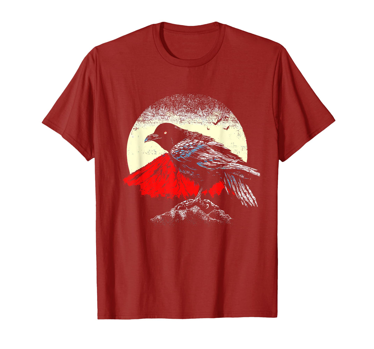 Japanese Art Black Crow Raven Red Moon - Retro Bird T-Shirt