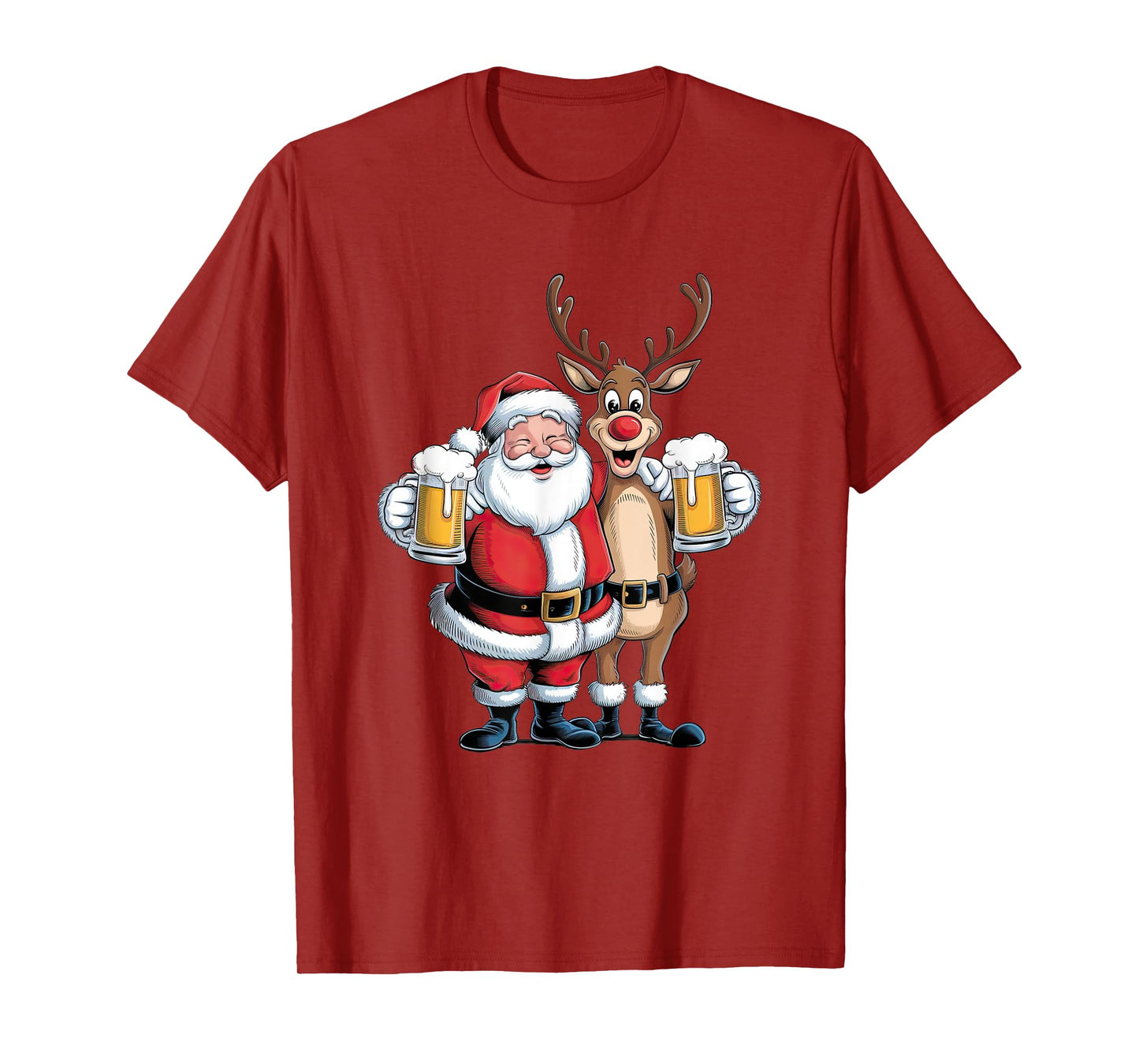 Santa Having a Beer with Reindeer. Funny Xmas Holidays T-Shirt