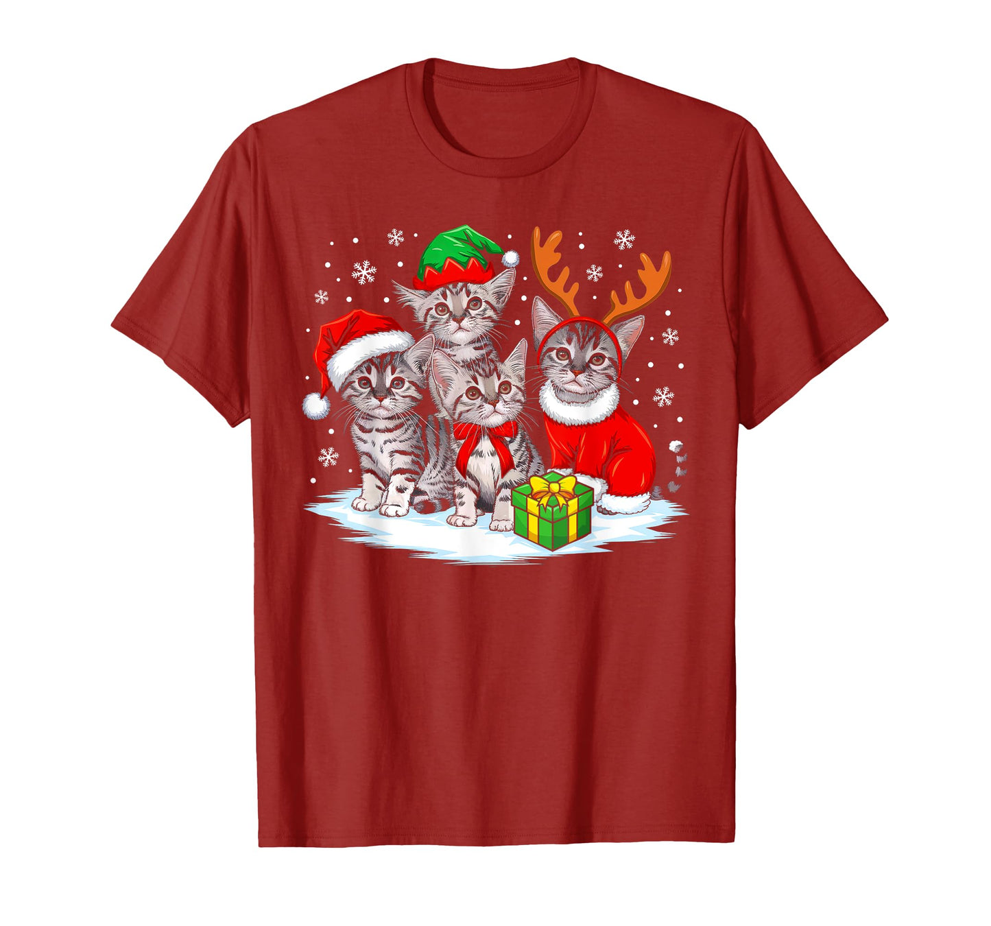 Cat Christmas Lights Reindeer Santa Hat Christmas Cat Lover T-Shirt for Men Women Kids
