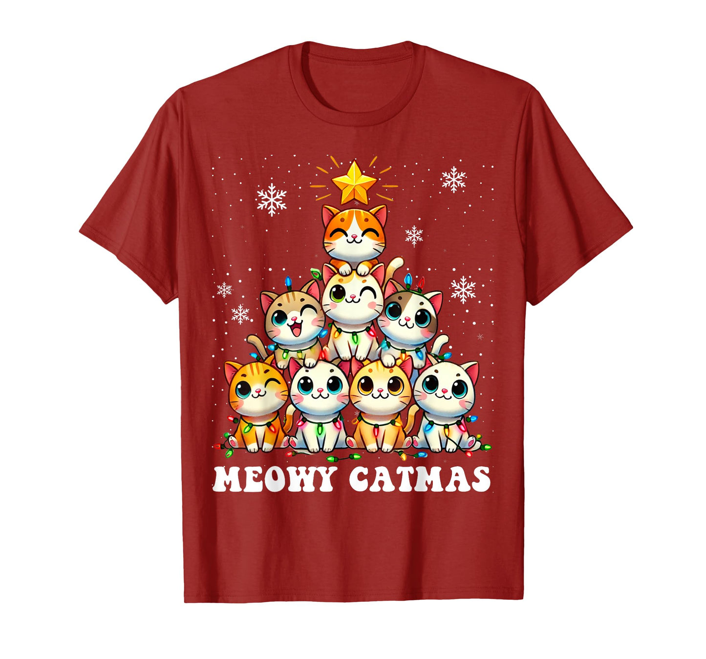 Meowy Catmas Funny Christmas Tree Lights Cute Cat Lover Xmas Men Women Kids T-Shirt