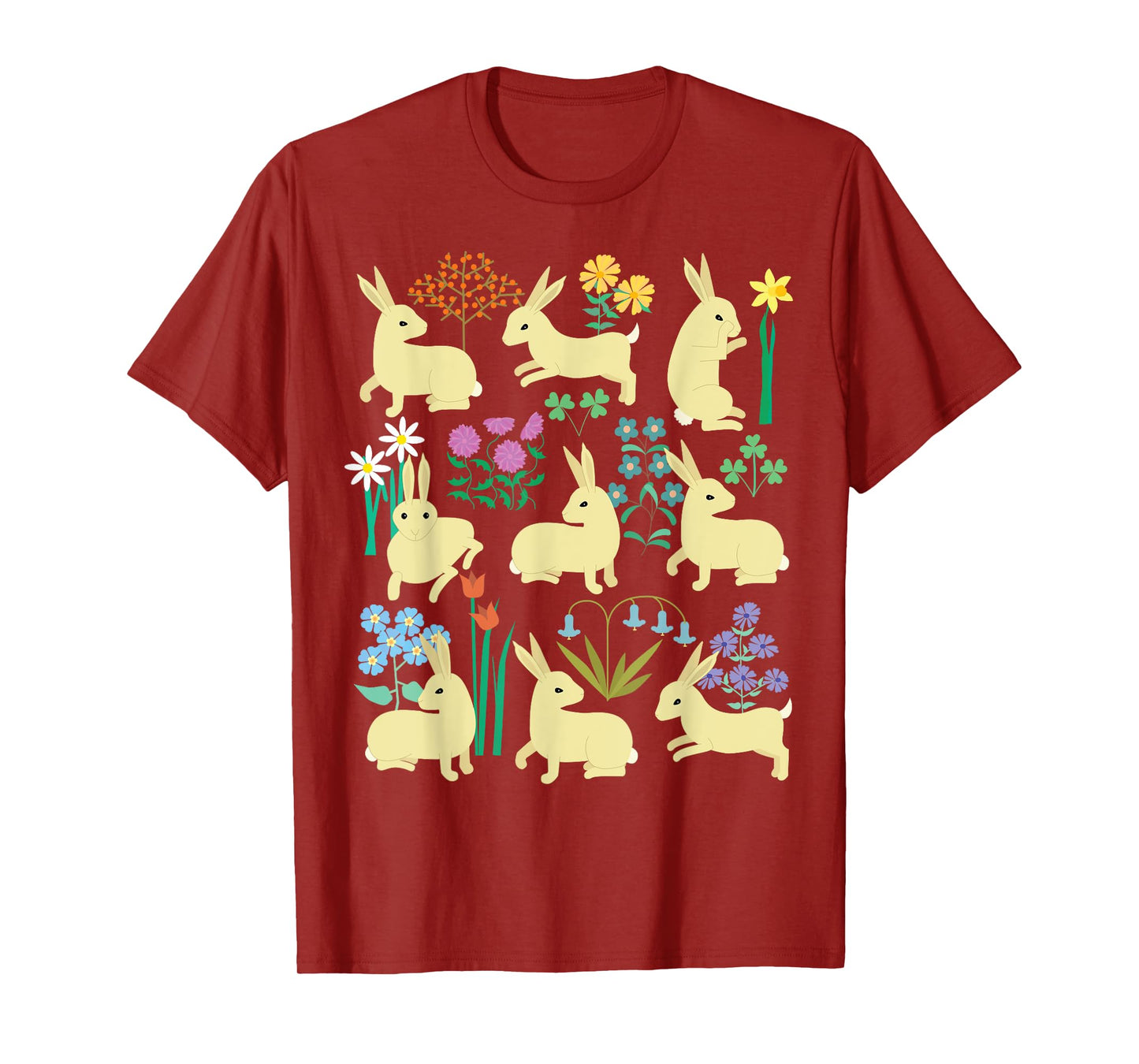 Playful little rabbits (bunnies) among colorful flowers T-Shirt