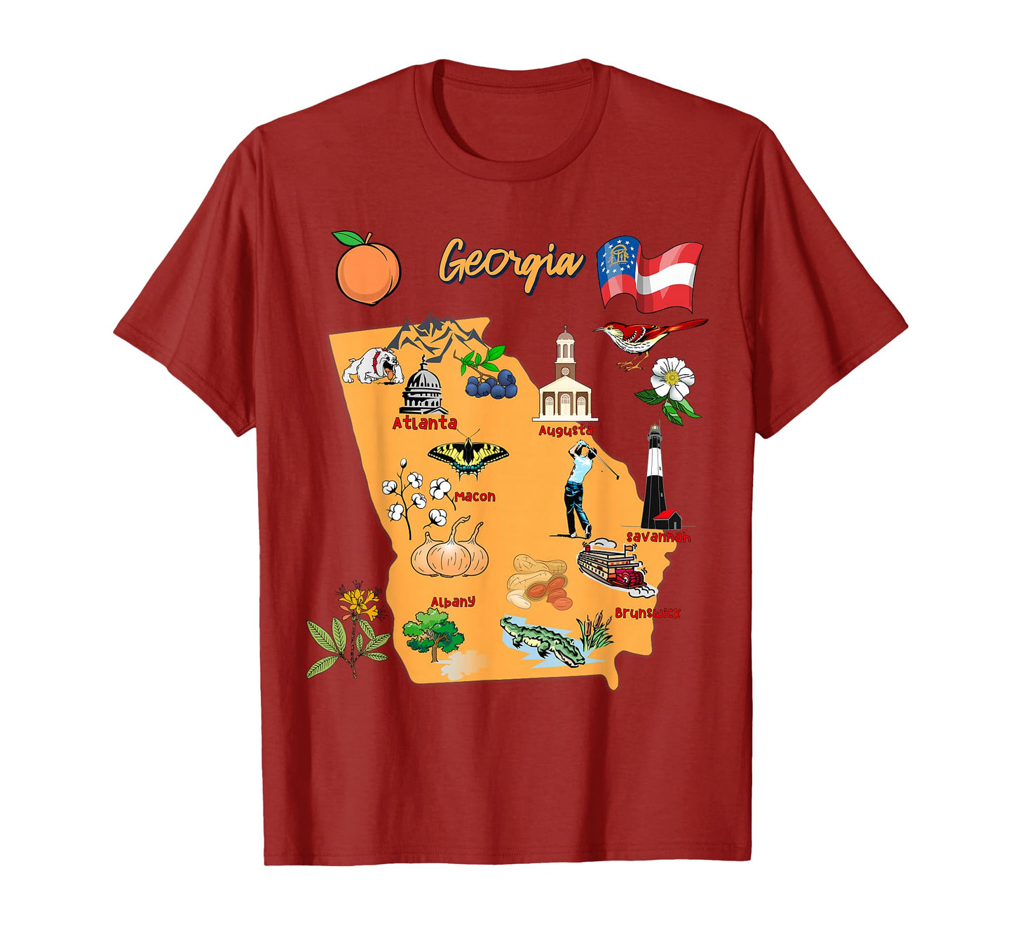 tourism map of Georgia state, USA, major cities, flag T-Shirt