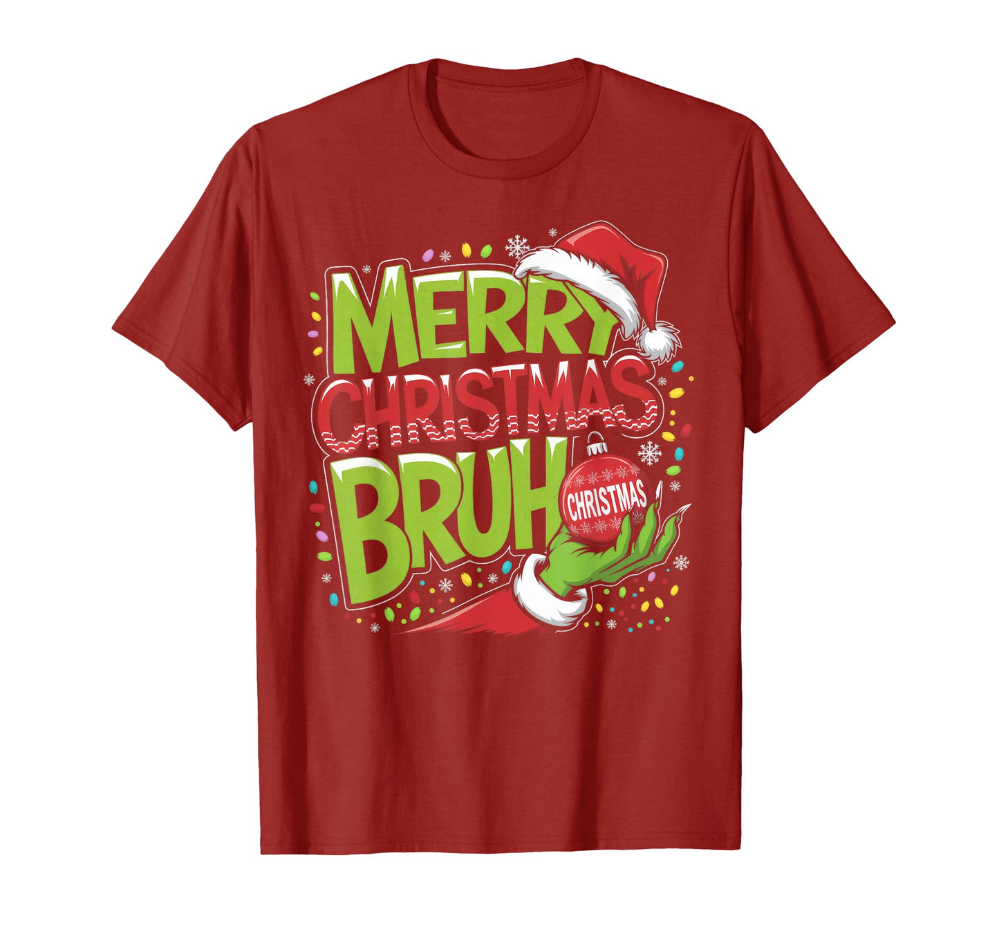 Merry Christmas Bruh Green Hand Santa Hat Xmas Family Pjs T-Shirt
