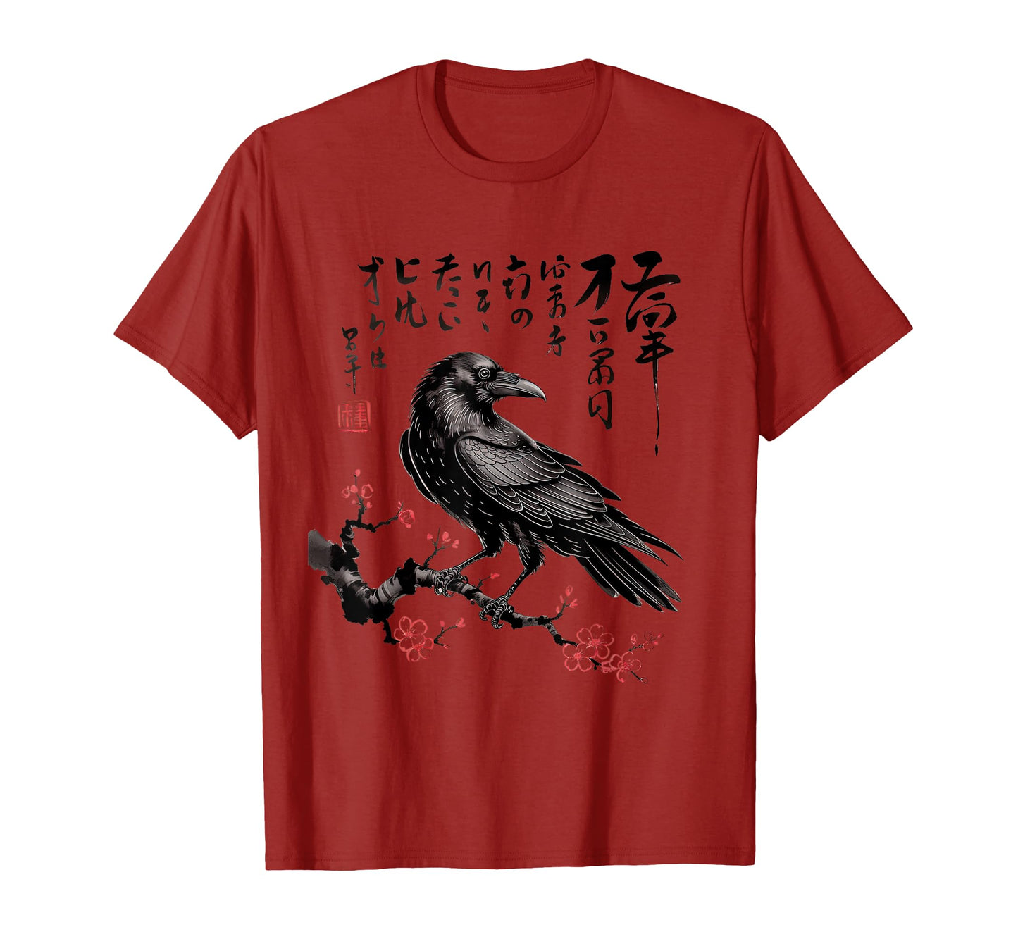 Japanese Sumi-e Black Raven Flying Crow with Cherry Blossom T-Shirt
