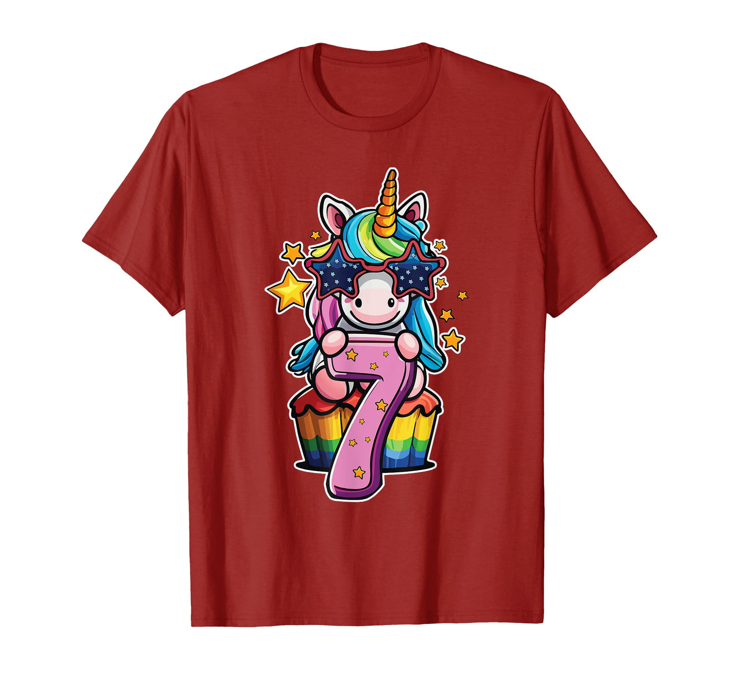 Unicorn Happy 7th Birthday Age 7 Rainbow Cupcake Cute Party T-Shirt