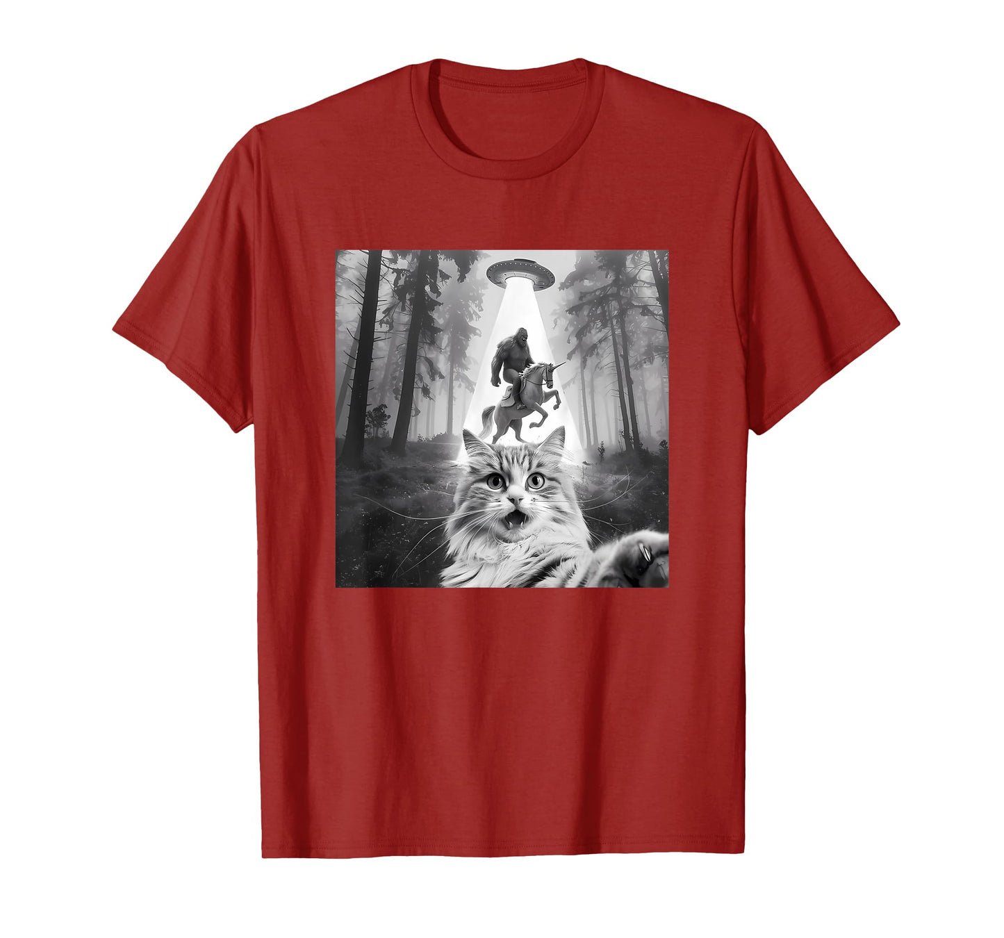 Funny UFO Cat Selfie with Bigfoot Forest Unicorn Sasquatch T-Shirt