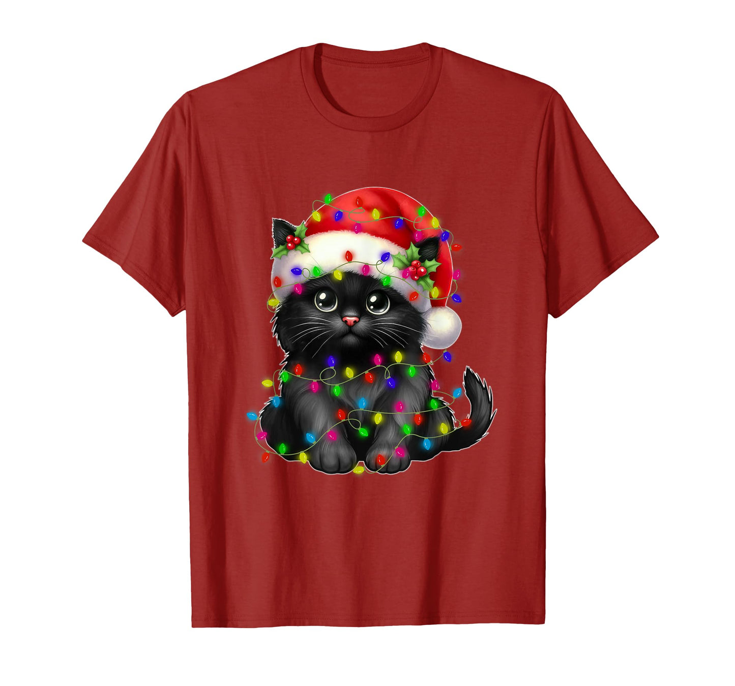 Black Cat Christmas Light Santa Hat Xmas Christmas Cat Lover Men Women Kids T-Shirt