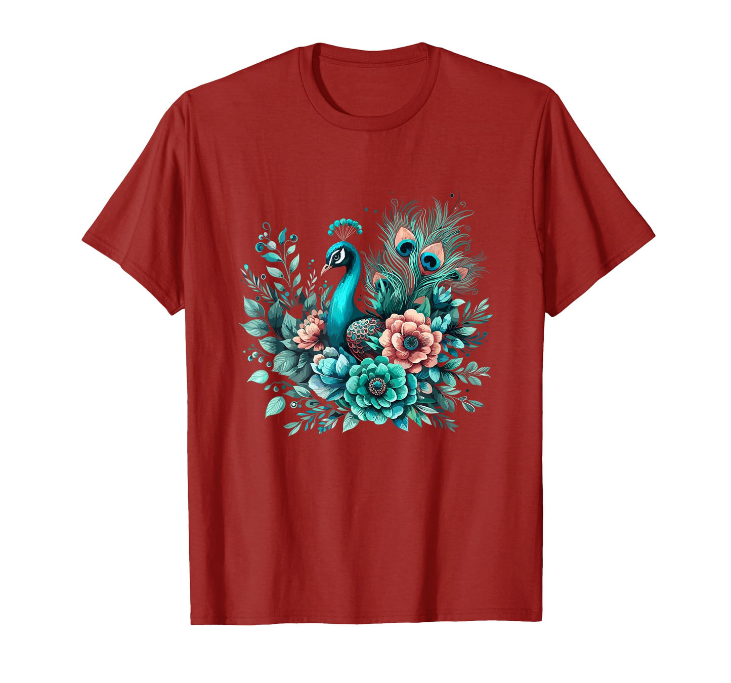 Beautiful Floral Flower Teal Feathers Peacock T-Shirt