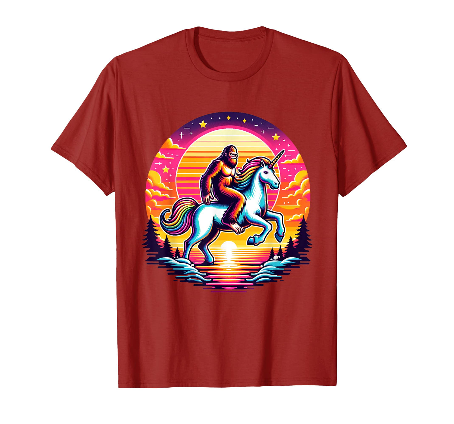 Bigfoot Riding Unicorn! Funny Sasquatch Unicorn Retro Sunset T-Shirt
