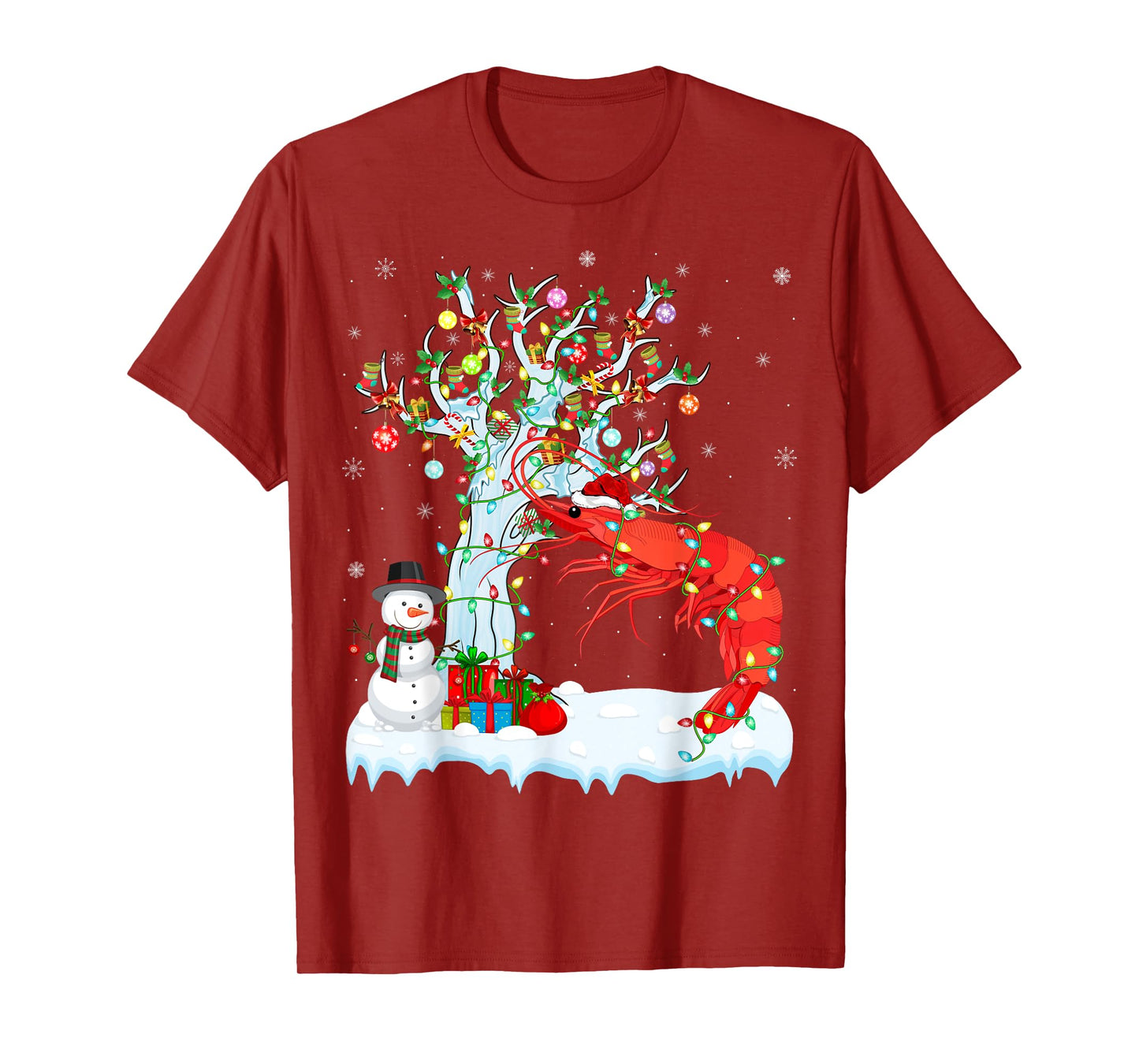 Shrimp Fish Xmas Lighting Tree Santa Hat Shrimp Christmas T-Shirt