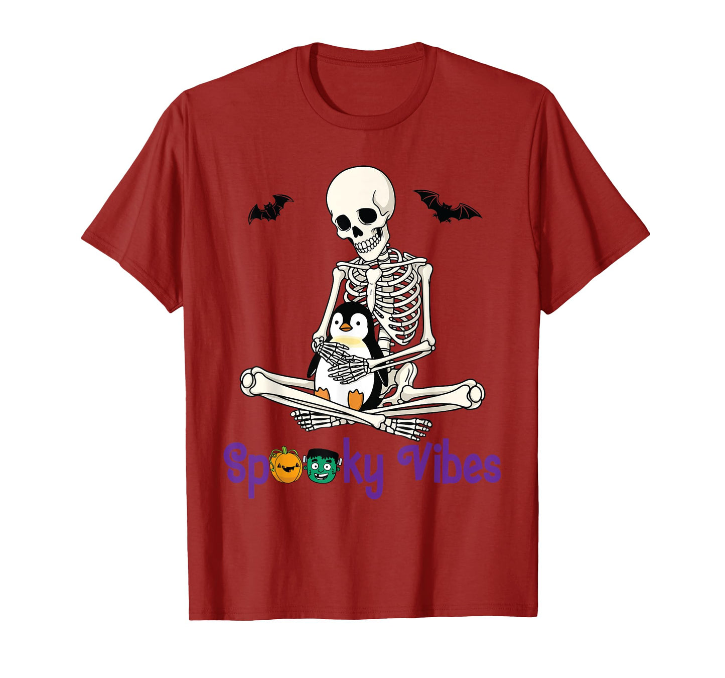 Skeleton Hugging Penguin Cute Spooky Vibes Halloween Day T-Shirt