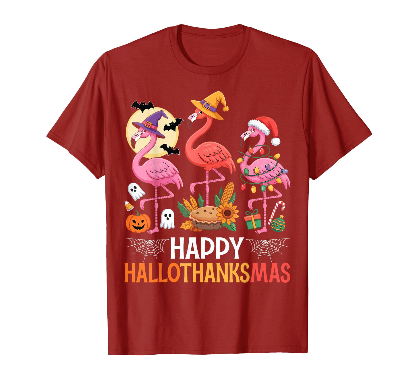 Happy Hallothanksmas Xmas Halloween Thanksgiving Flamingo T-Shirt