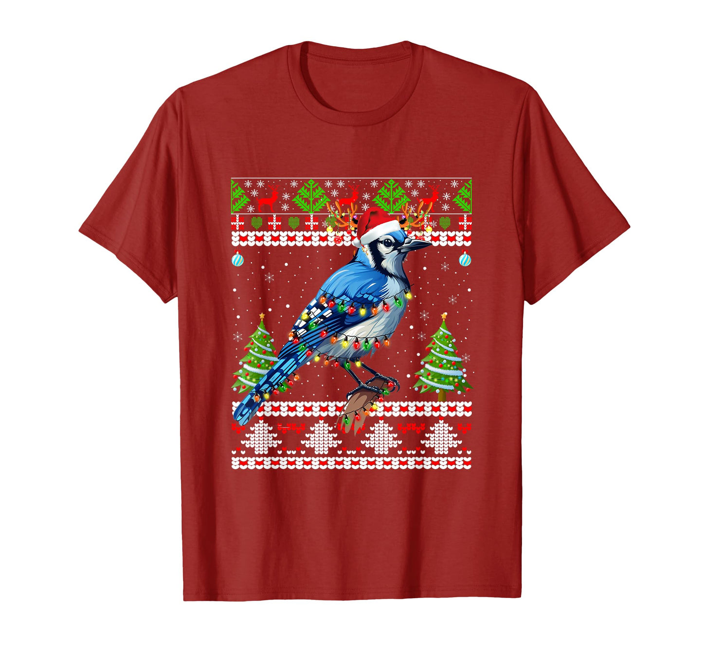 Xmas Lights Ugly Sweater Style Santa Blue Jay Bird Christmas T-Shirt