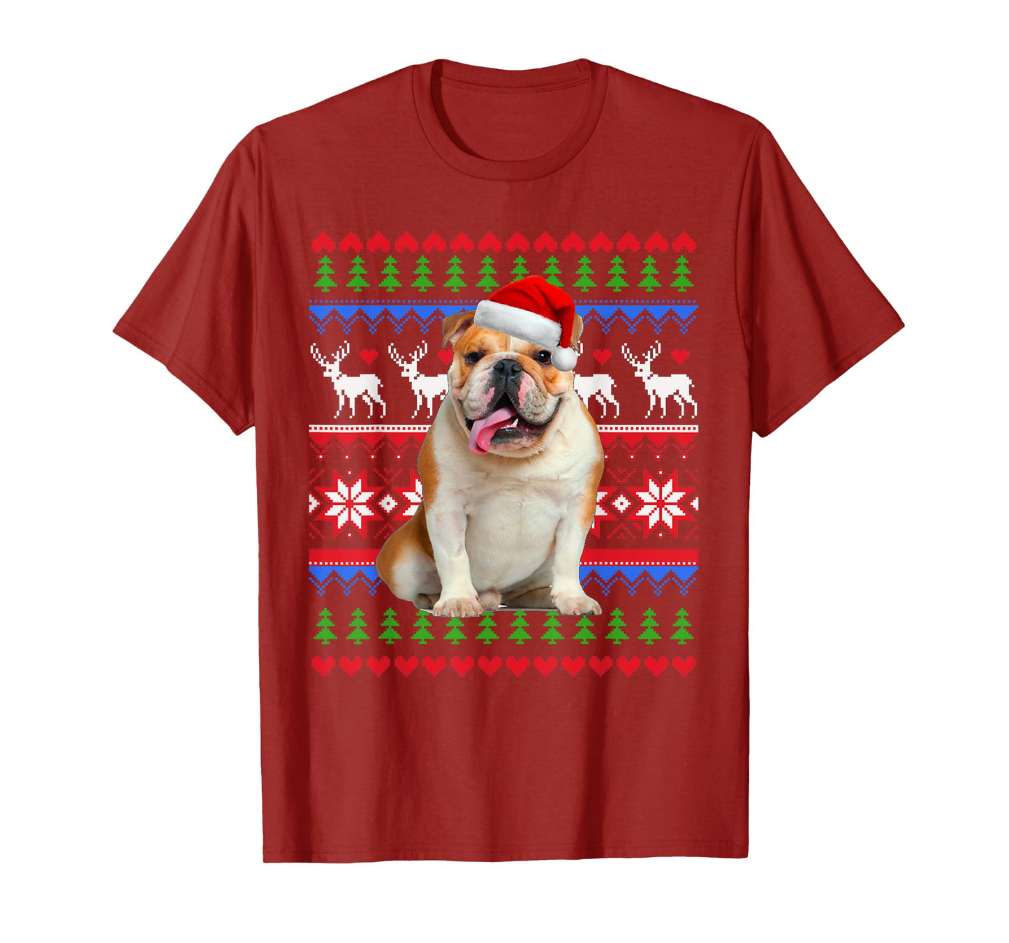 Santa English Bulldog Christmas Light Ugly Christmas Sweater T-Shirt for Men Women Kids