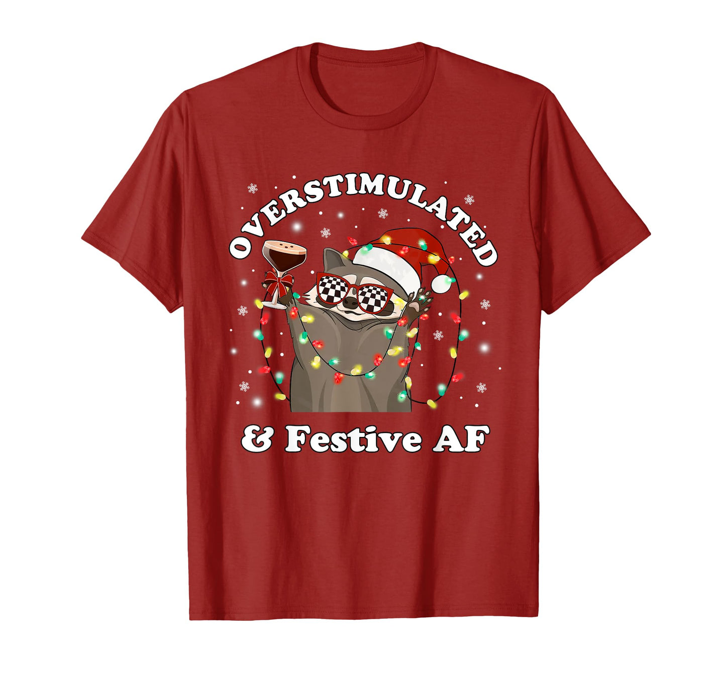 Overstimulated & Festive AF Raccoon Christmas Martini Bow T-Shirt