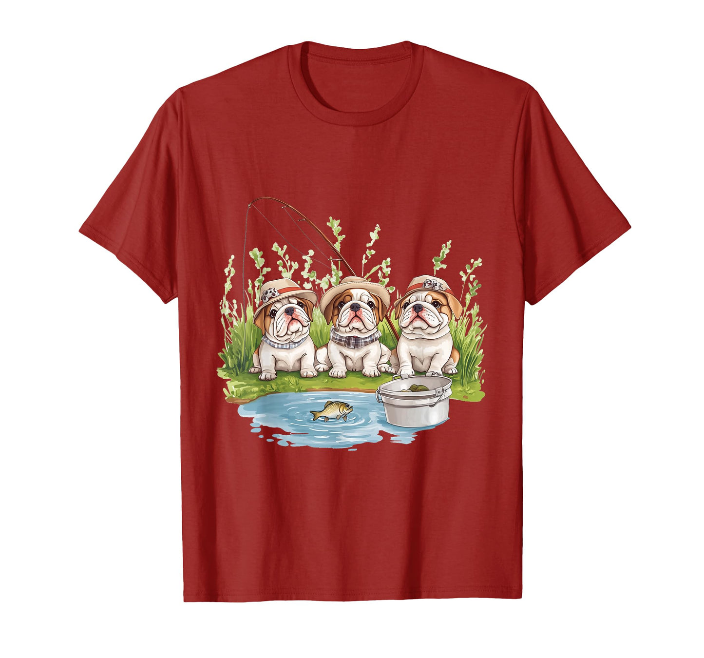 Cute English Bulldogs Fishing Pond Puppy Lake Fish Dogs T-Shirt