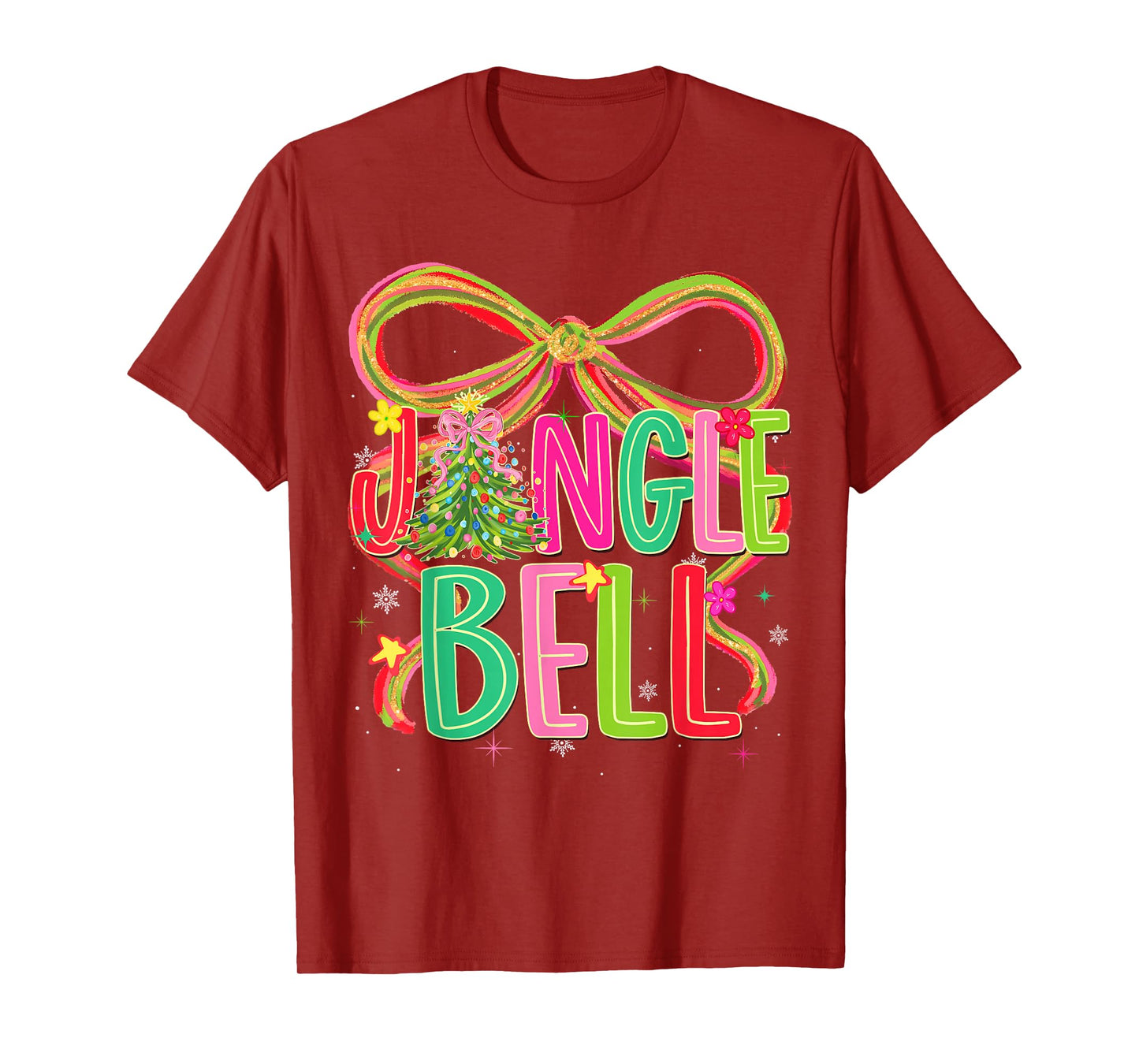 Jingle Bells Coquette Bow Merry Christmas Tree Girl Women T-Shirt