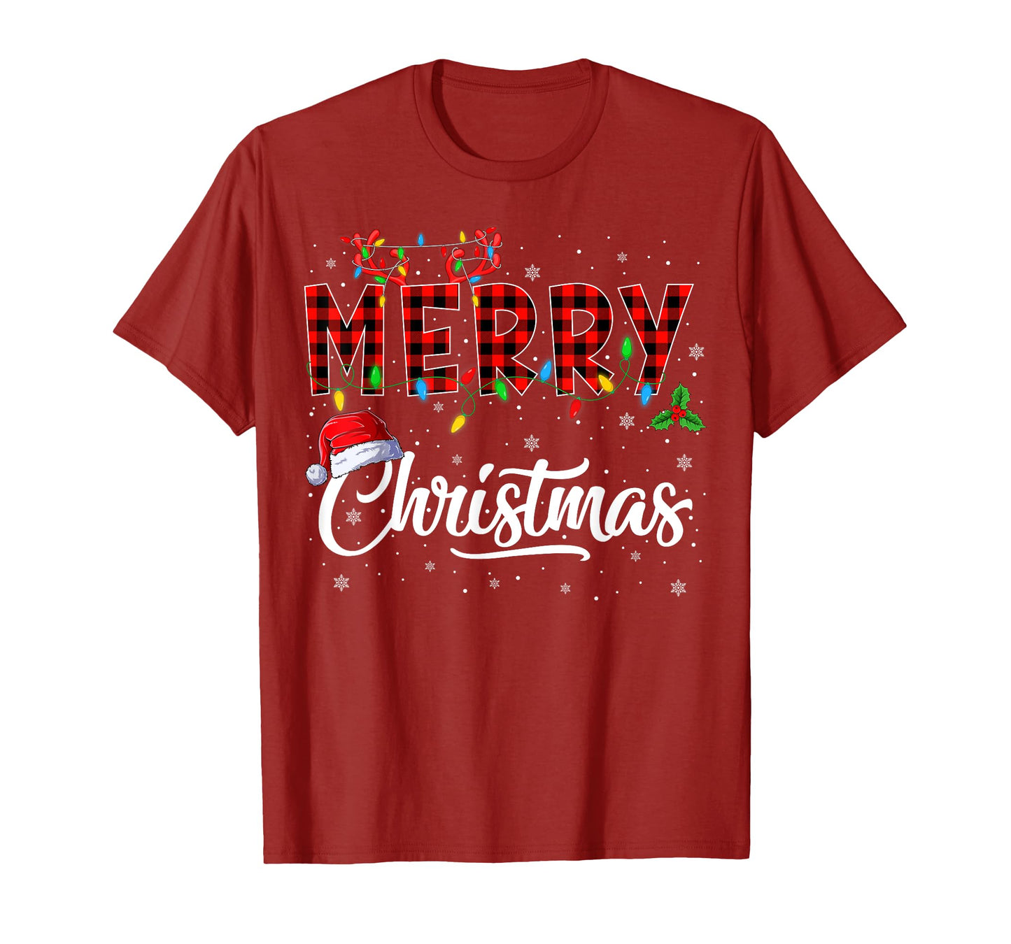 Merry Christmas Lights Santa Hat Xmas Family Men Women Kids T-Shirt