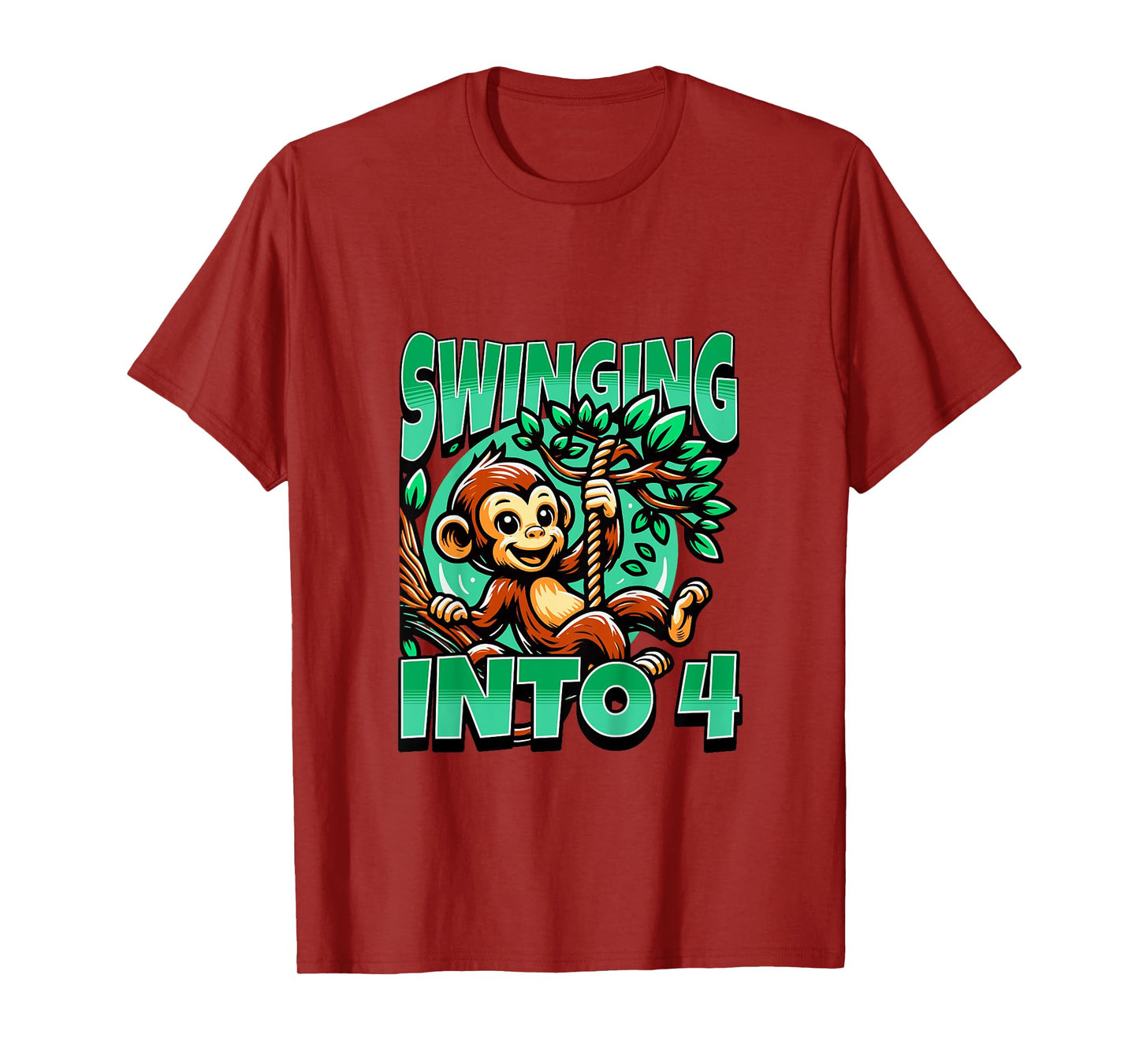 Kids Monkey Swinging Into 4 Year Old 4th Birthday Boy Girl T-Shirt