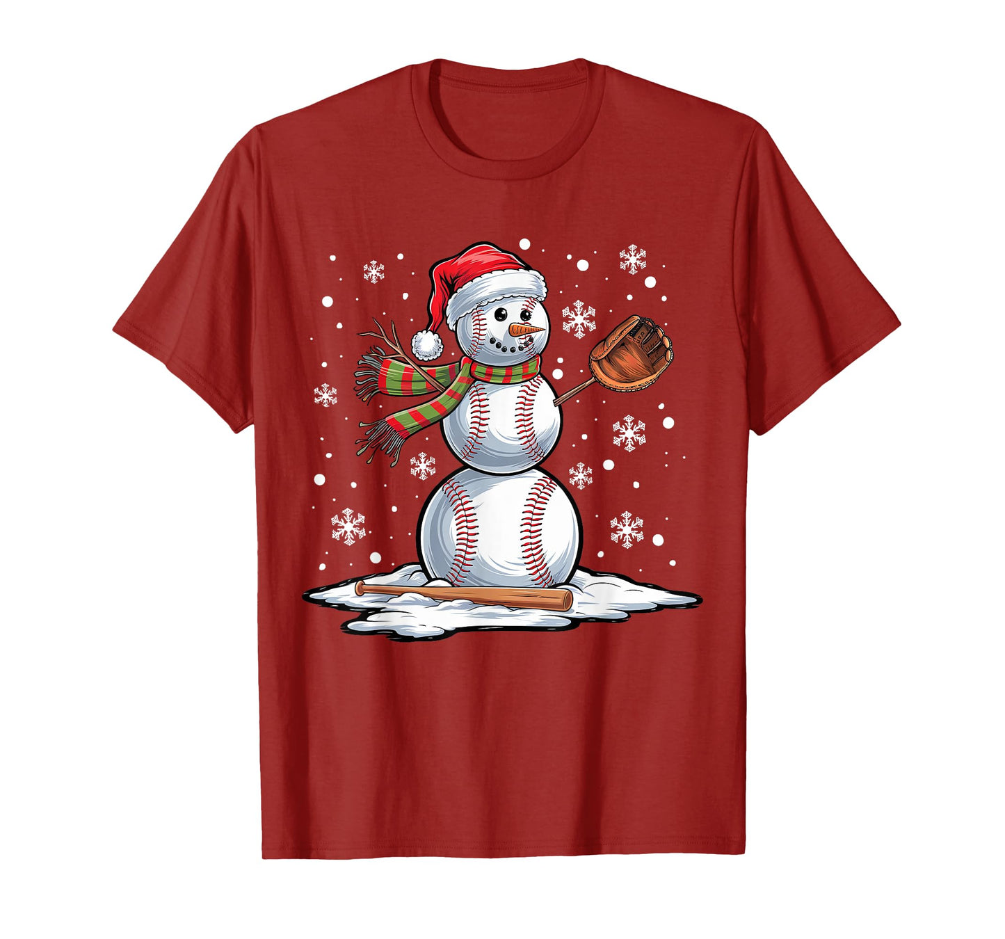 Baseball Snowman Baseball Player Santa Hat Christmas Funny T-Shirt