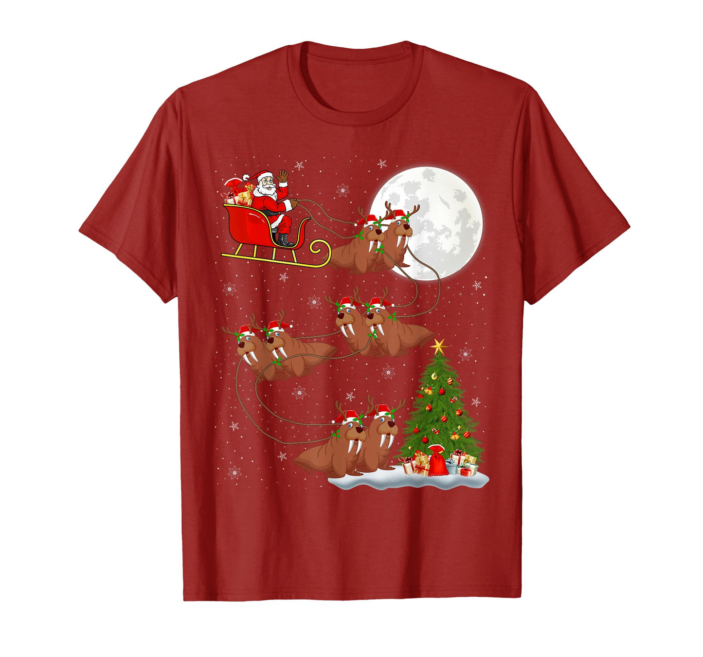 Xmas Tree Lights Funny Santa Riding Walrus Christmas T-Shirt