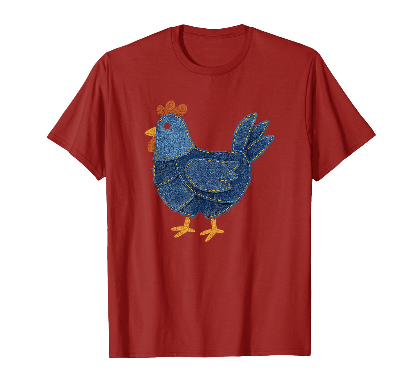 Retro Chicken Patch Print Denim Patchwork Art T-Shirt