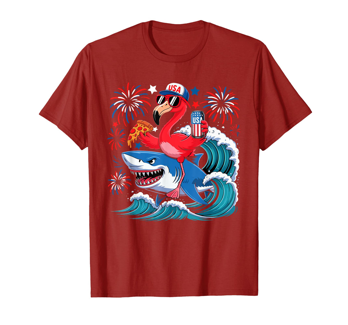 Flamingo Riding Shark With Beer Pizza 4th Of July Patriotic T-Shirt