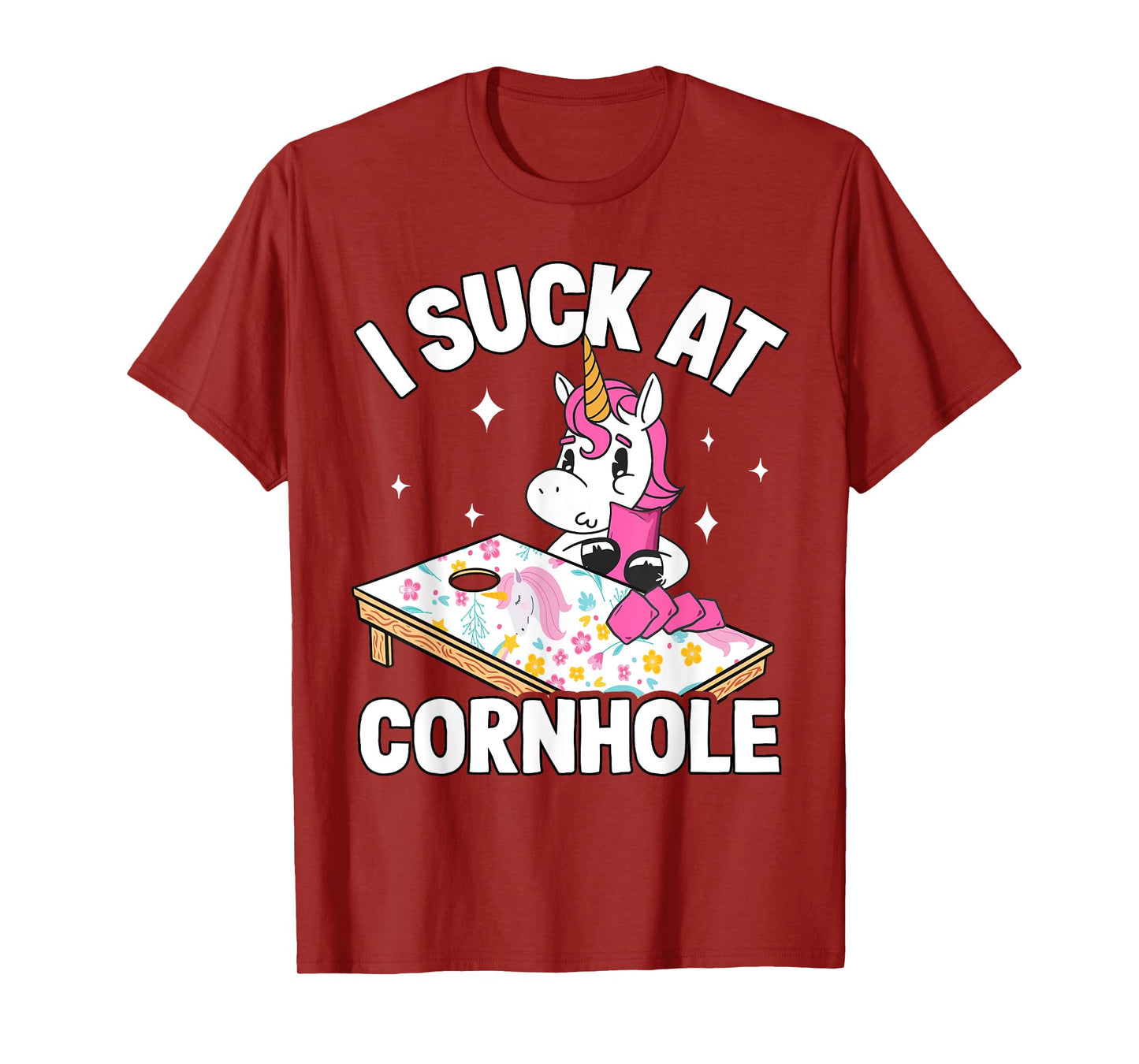 I Suck At Cornhole Loser Funny Sarcastic Joke Pink Unicorn T-Shirt