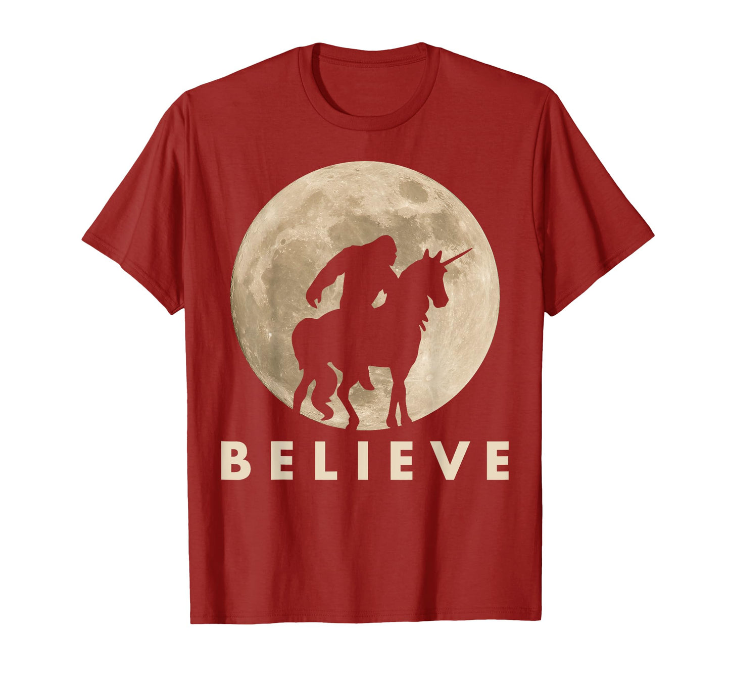 Bigfoot Riding a Unicorn Against a Full Moon Shirt, Believe! T-Shirt