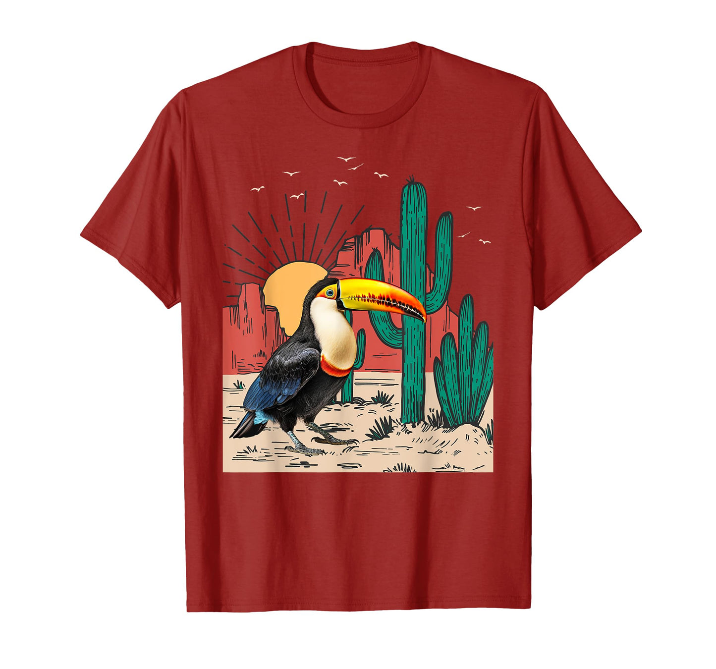Toucans Birds Vintage Sunset Mountain Cactus Desert Toucan T-Shirt