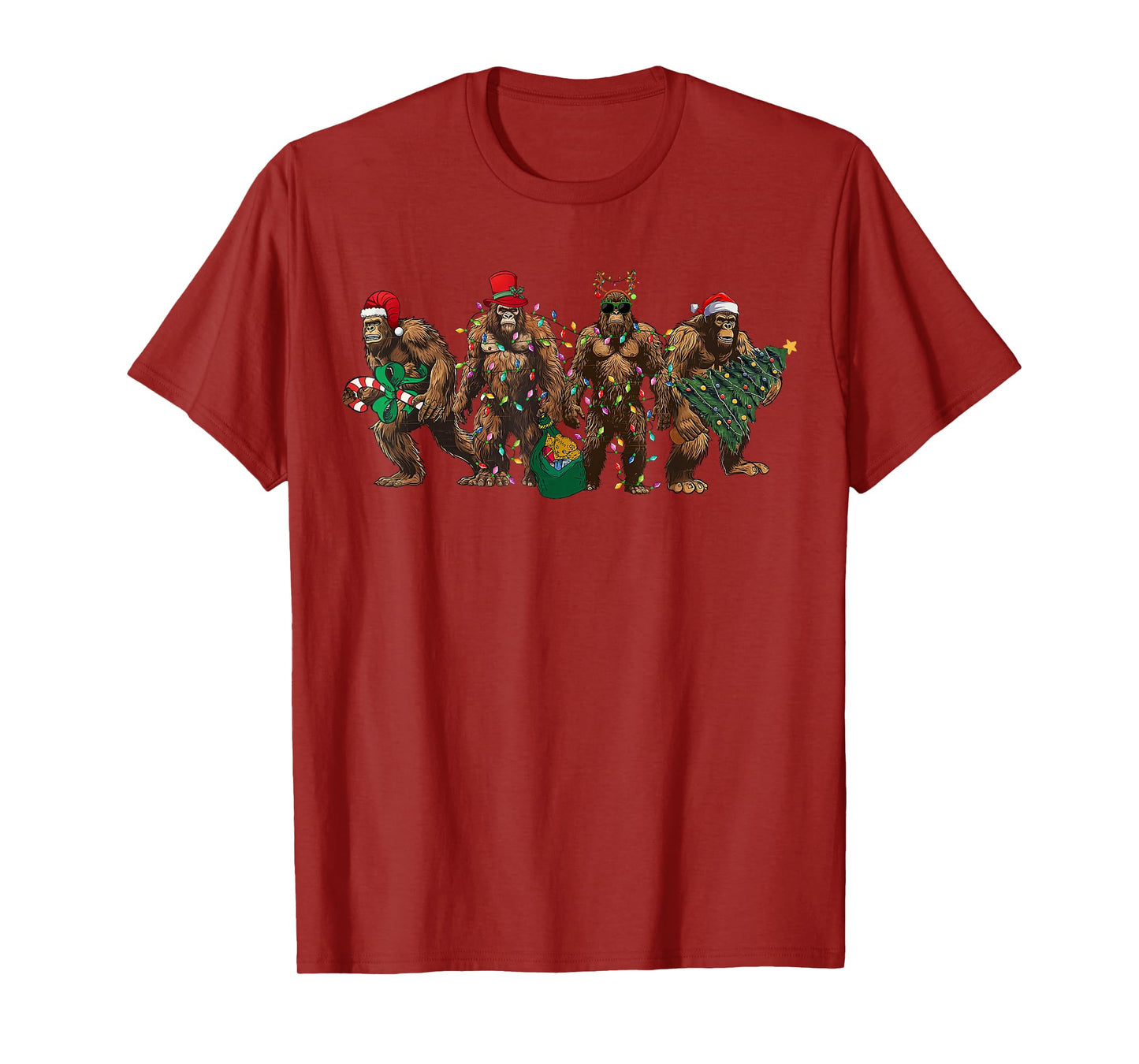 Santa Bigfoot Christmas Tree Xmas Lights Funny Sasquatch T-Shirt