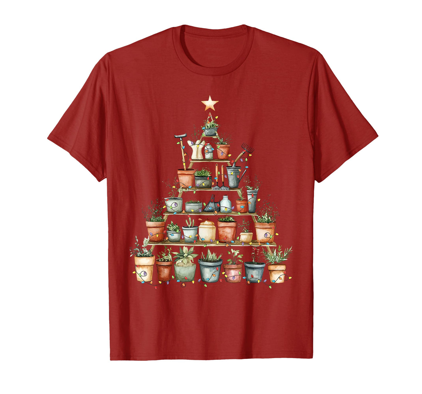 Potted Plant Christmas Tree Lights Gardening Gardener Xmas T-Shirt
