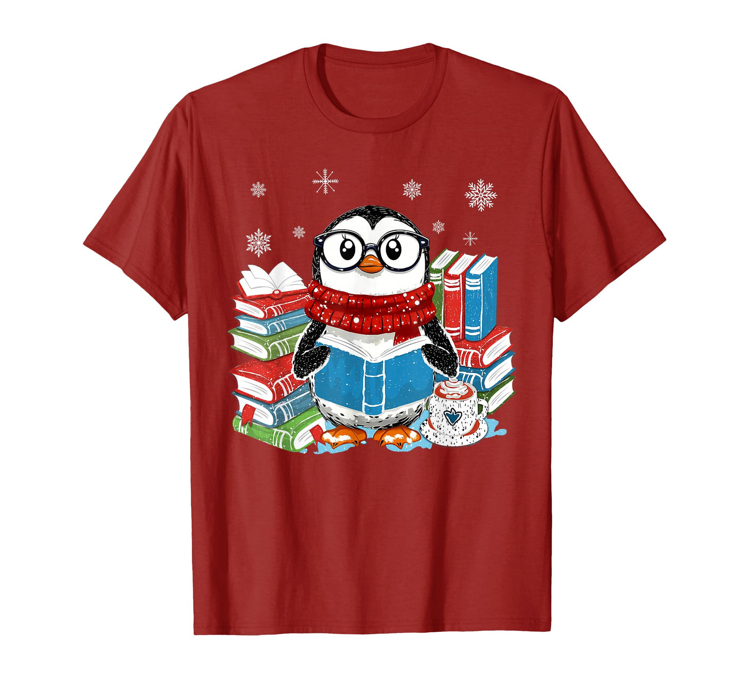 Christmas A Penguin Reading Book Snowflake Cocoa Hot Teacher T-Shirt