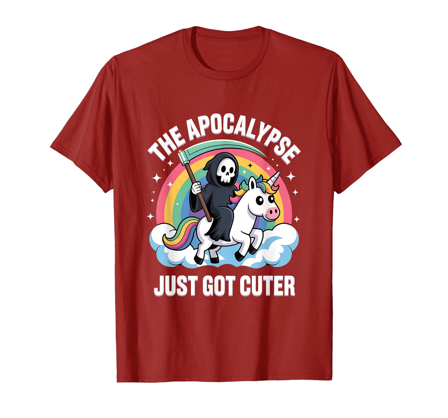 Cute Cartoon Grim Reaper Riding Rainbow Unicorn T-Shirt