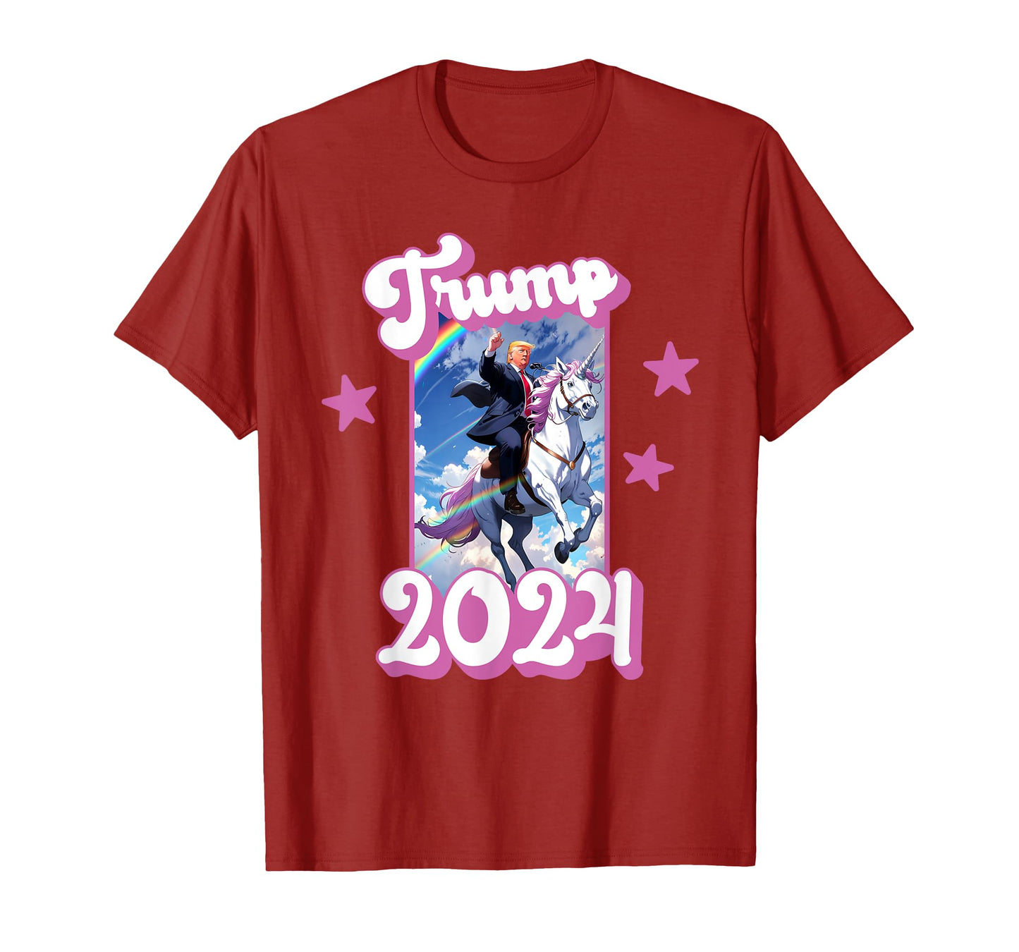Funny Donald Trump Riding an Unicorn. Pink Trump 2024 Girl T-Shirt
