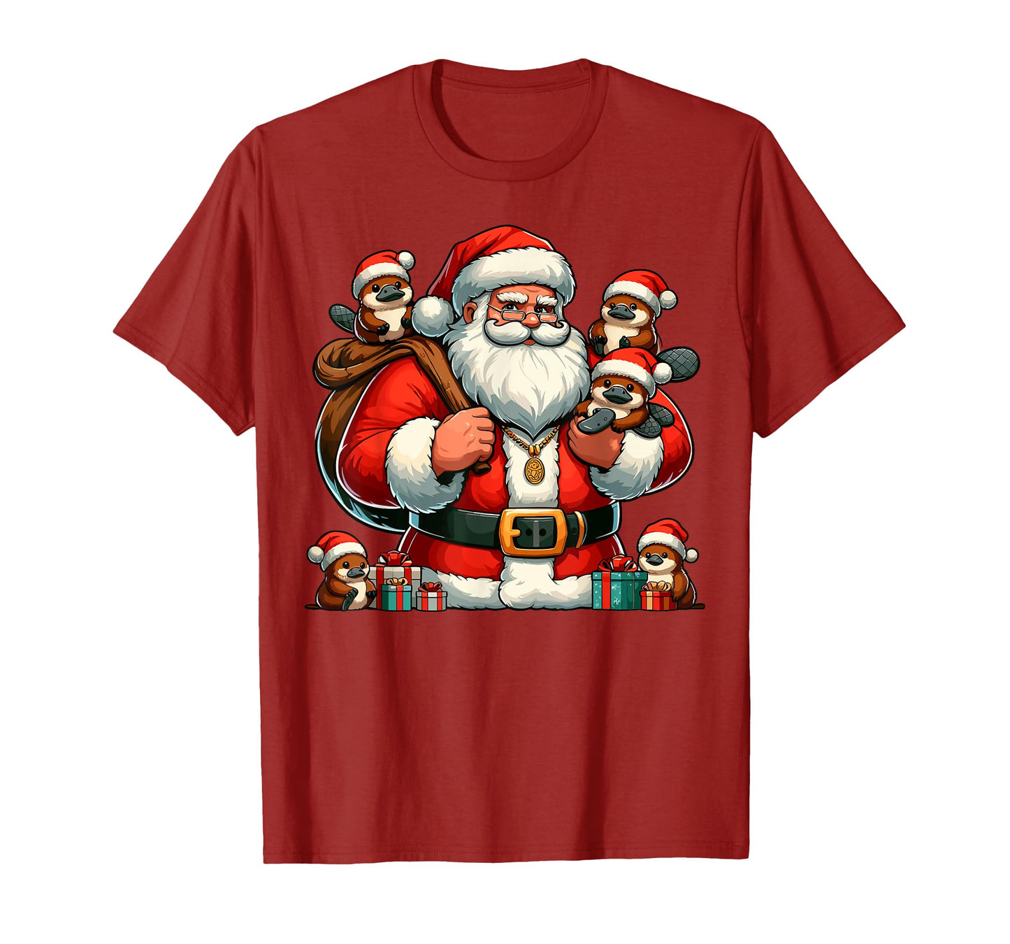 American Santa Claus Holding Platypus Present Xmas T-Shirt