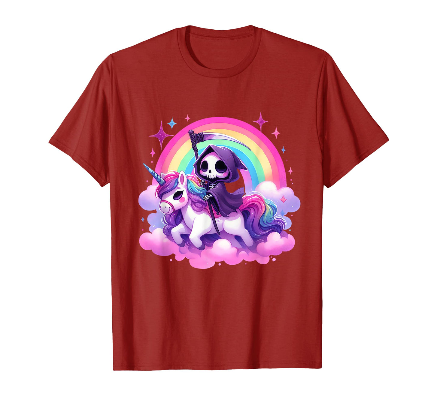 Funny Humor Rainbow Gothic Grim Reaper Riding Unicorn Kids T-Shirt