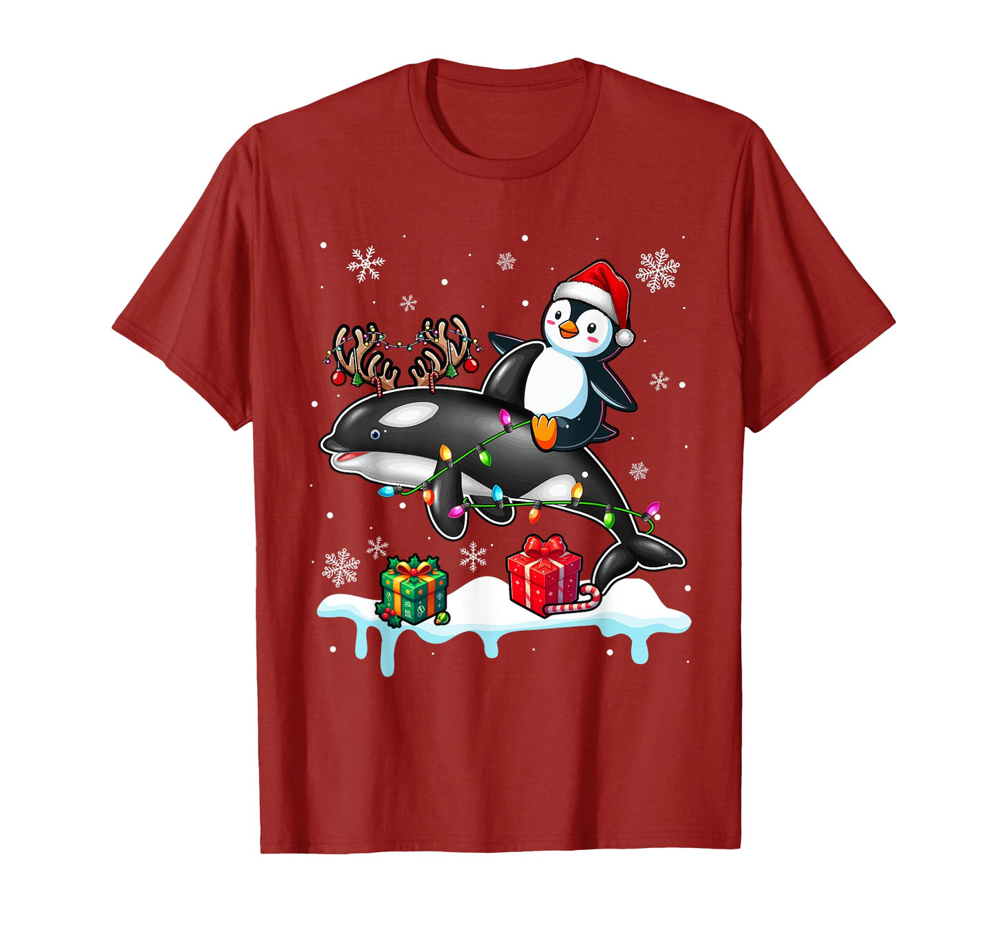 Christmas Santa Penguin Riding Reindeer Orca Lover Kids T-Shirt