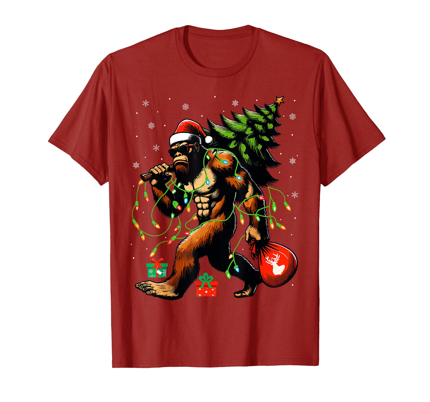 Santa Bigfoot Christmas Tree Xmas Lights Funny Sasquatch T-Shirt