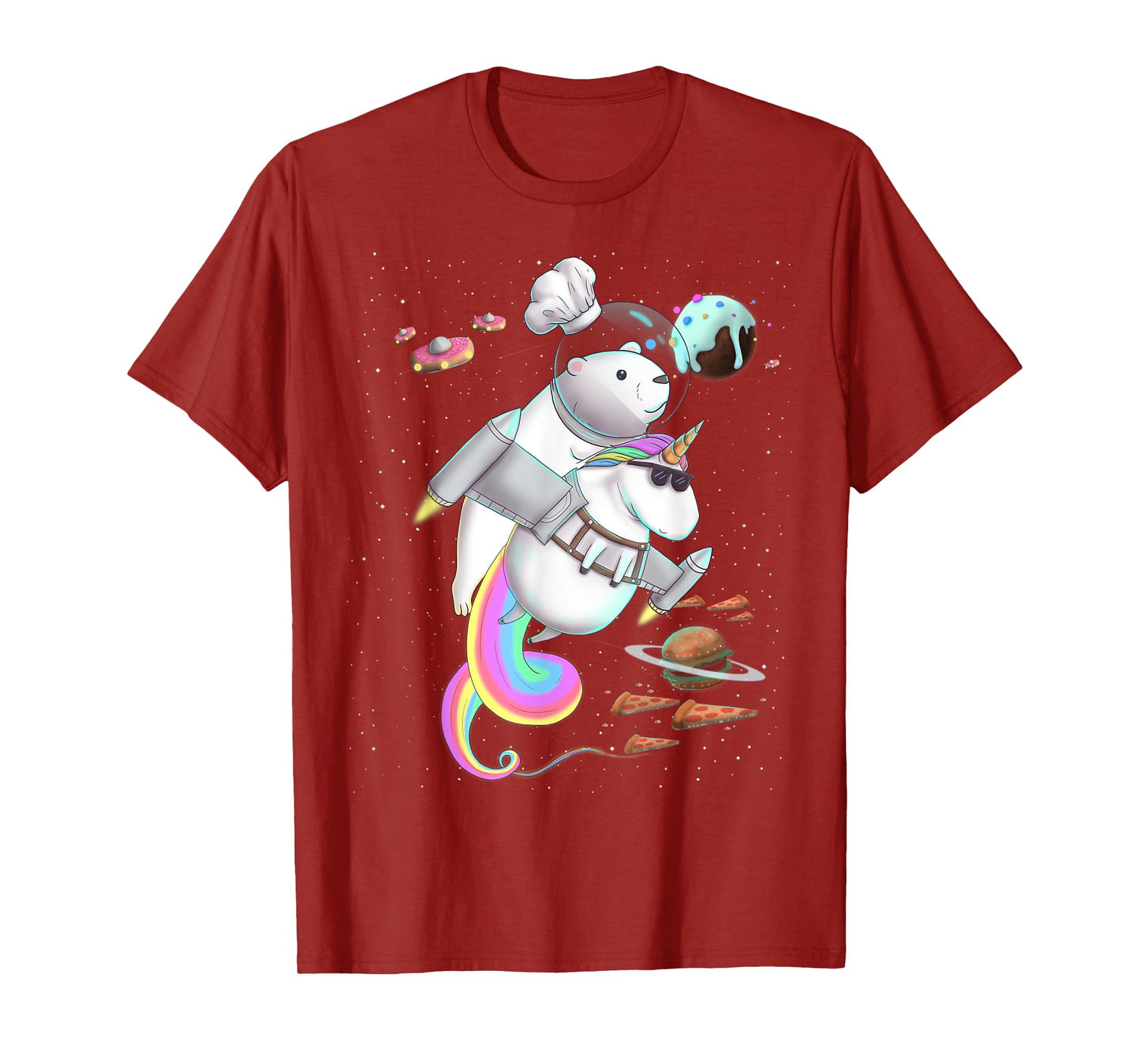 Polar Bear Riding Unicorn Food Pizza Space Party Planet T-Shirt